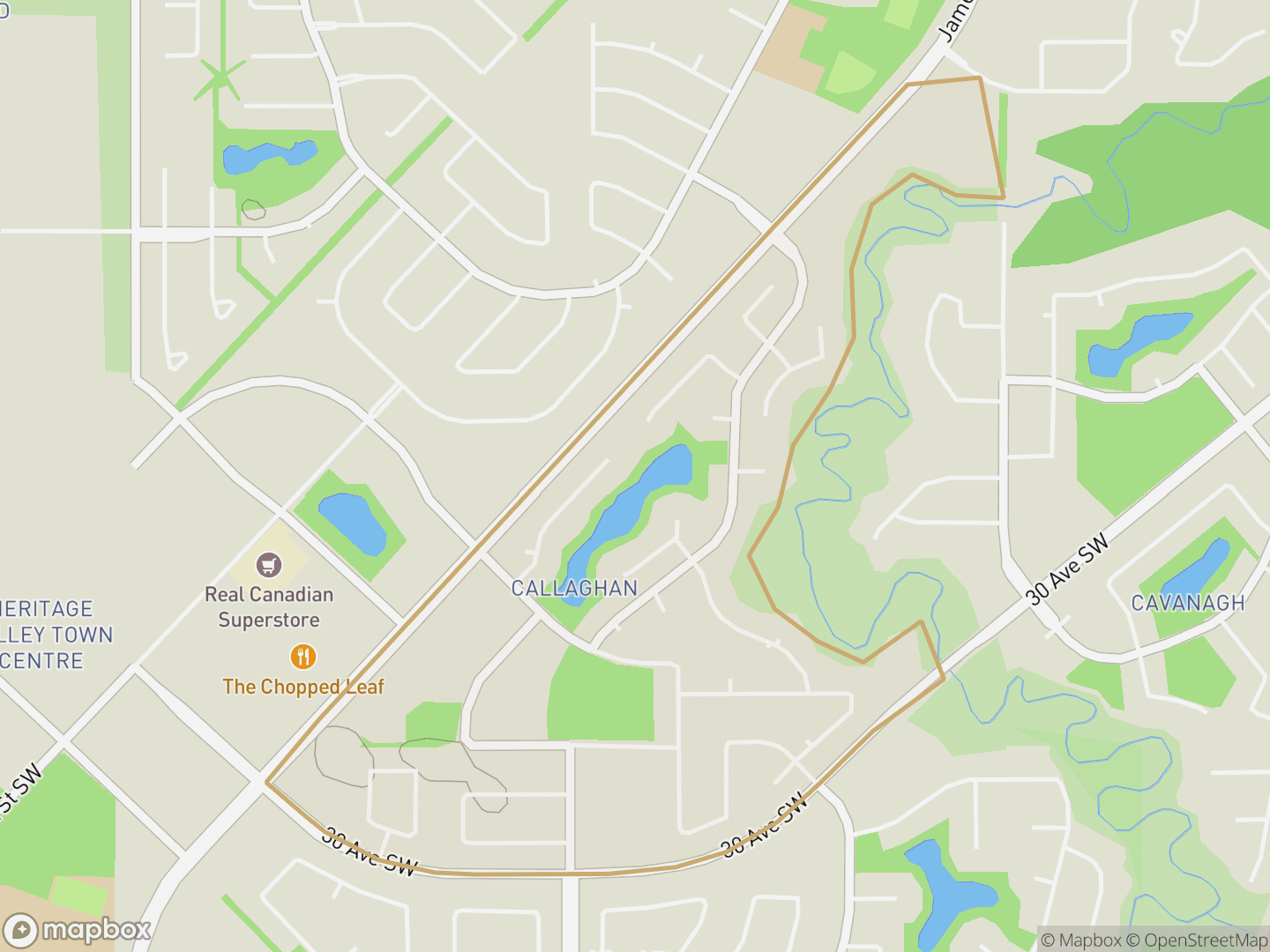 Map of Callaghan, Edmonton — neighbourhood boundary, parks and surrounding streets.