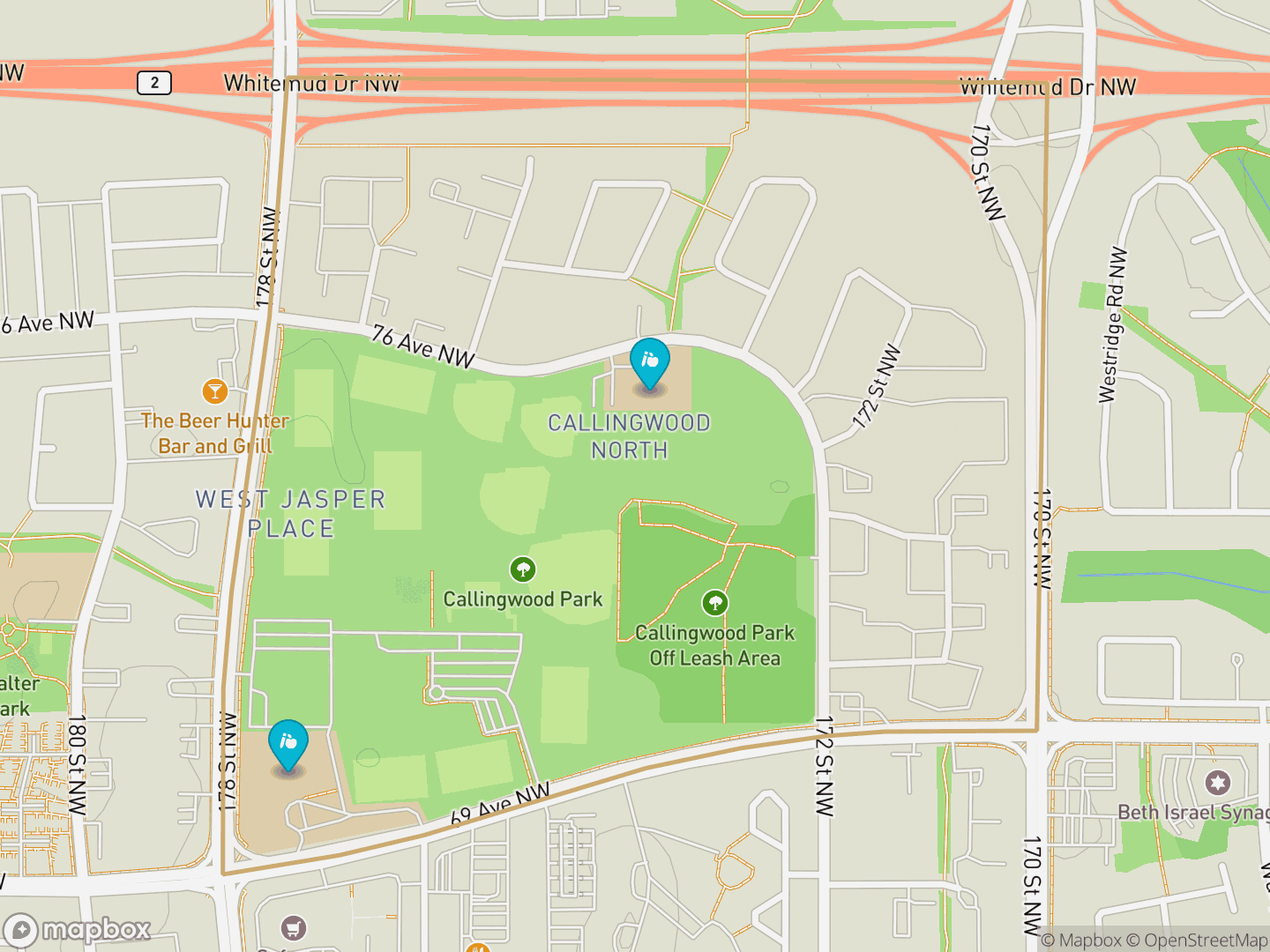 Map of Callingwood North, Edmonton — neighbourhood boundary, 2 schools, parks and surrounding streets.