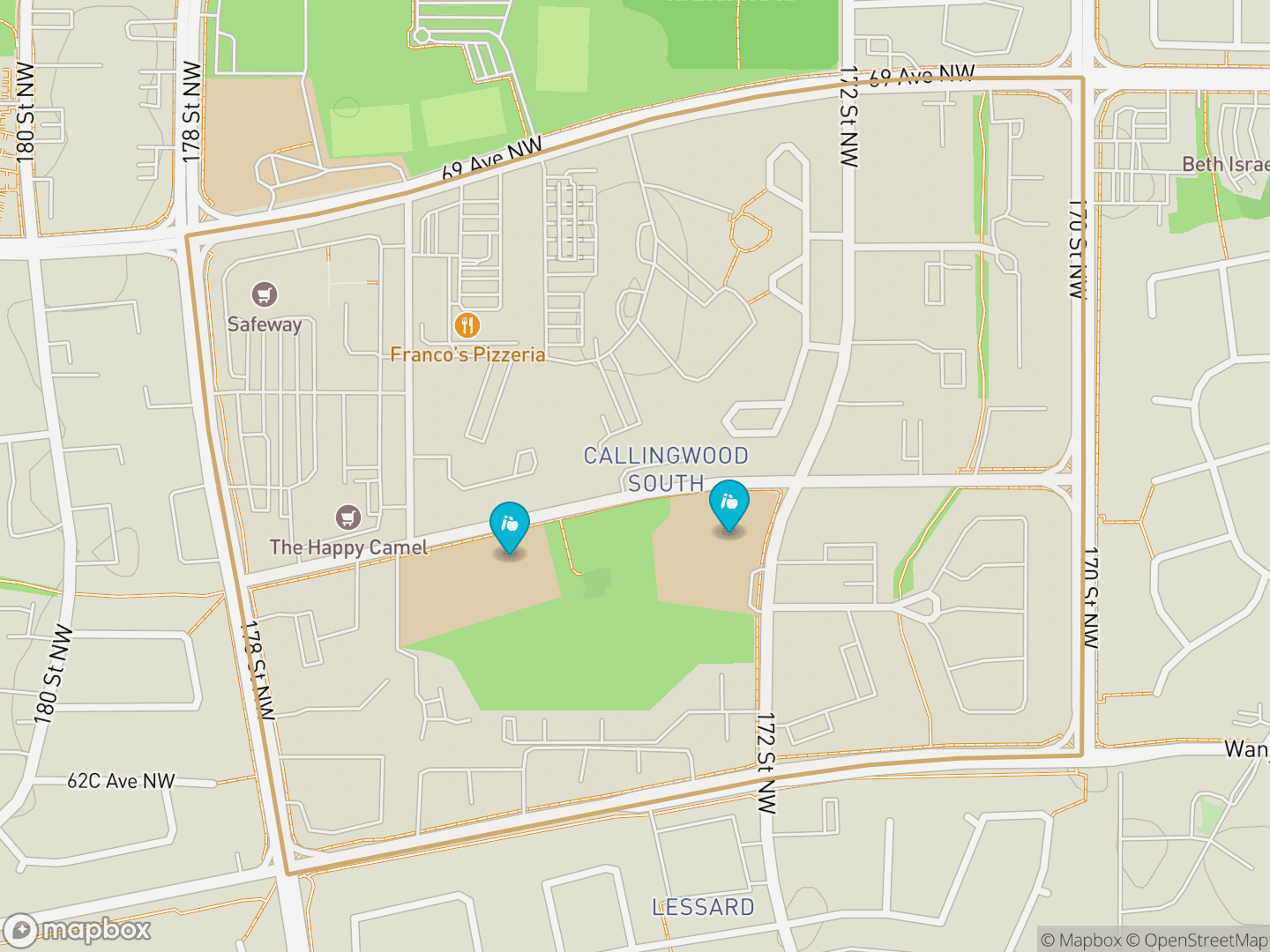 Map of Callingwood South, Edmonton — neighbourhood boundary, 2 schools, parks and surrounding streets.