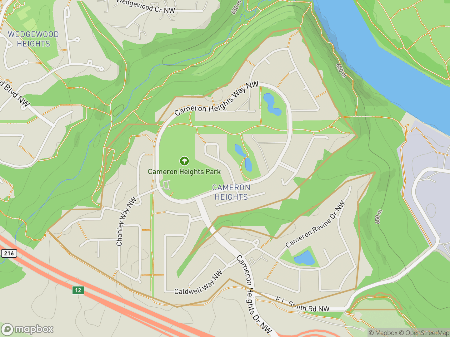 Map of Cameron Heights, Edmonton — neighbourhood boundary, parks and surrounding streets.