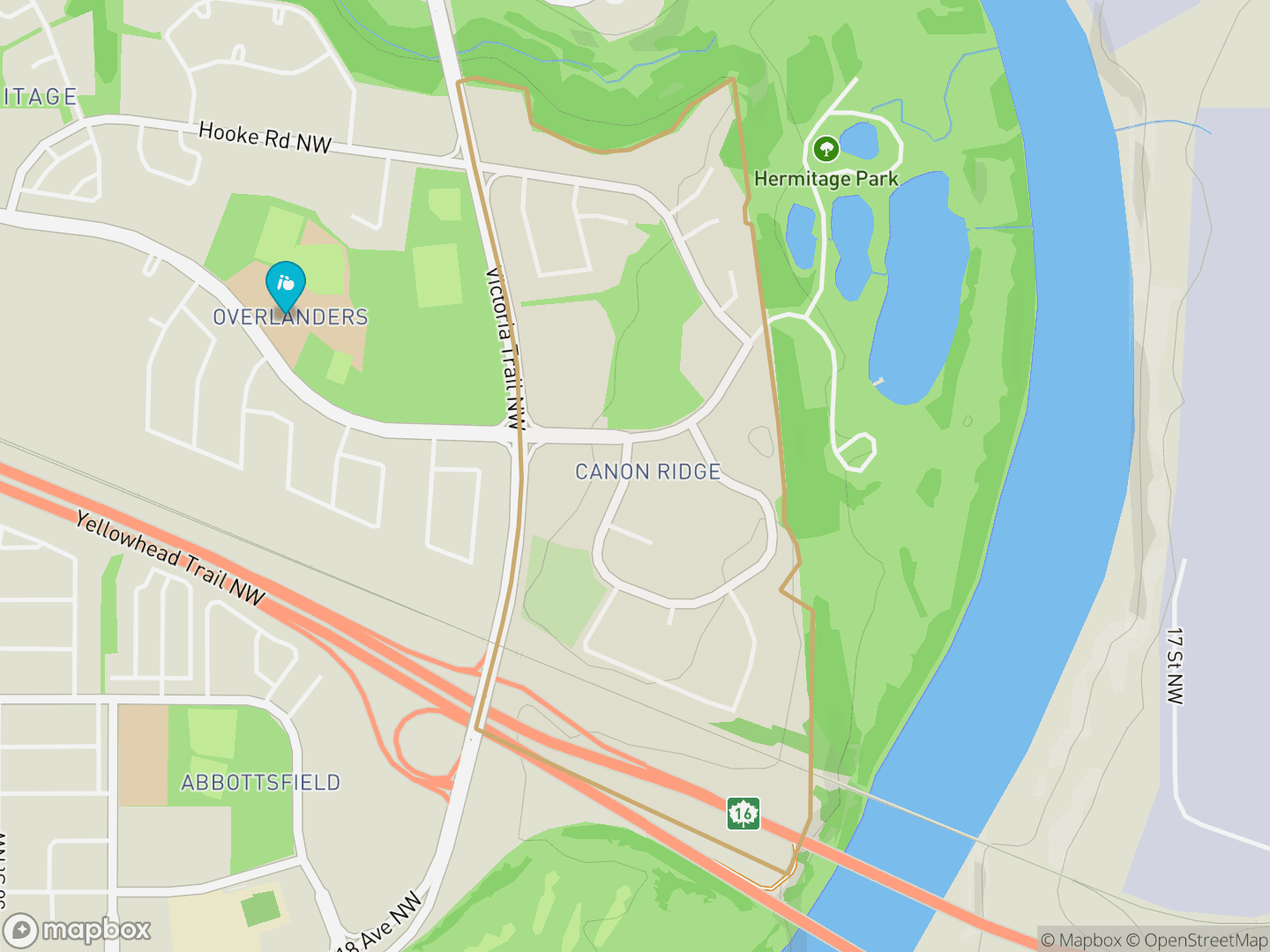 Map of Canon Ridge, Edmonton — neighbourhood boundary, 1 school, parks and surrounding streets.