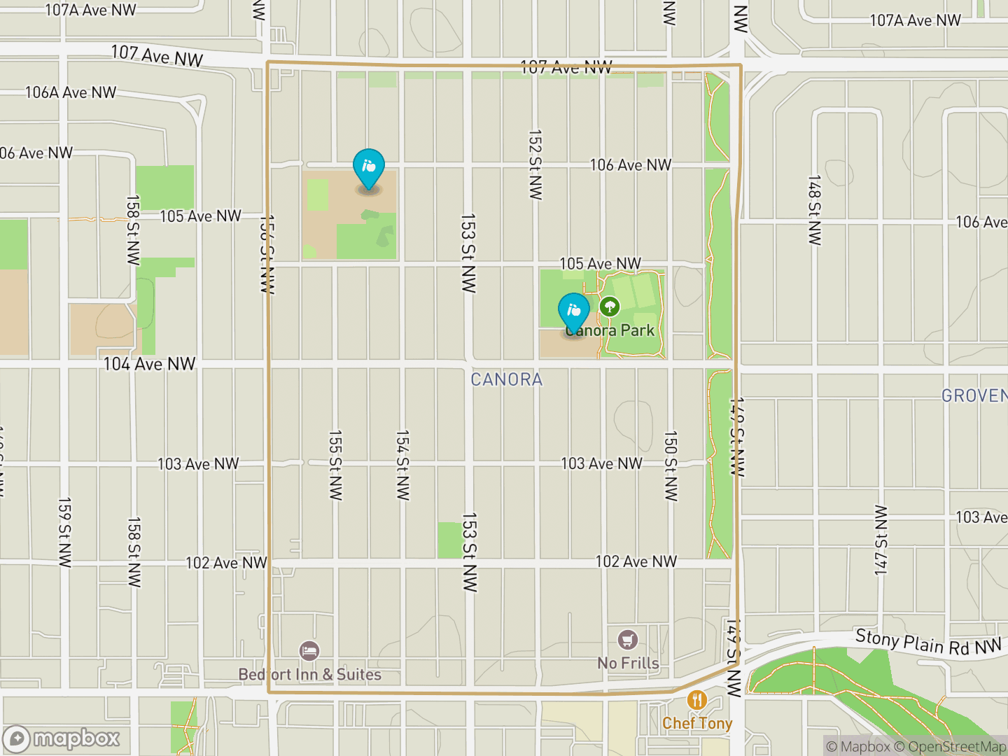 Map of Canora, Edmonton — neighbourhood boundary, 2 schools, parks and surrounding streets.