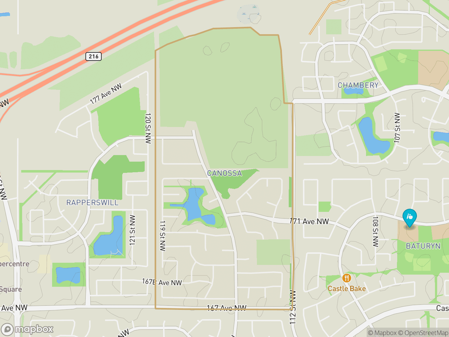 Map of Canossa, Edmonton — neighbourhood boundary, 1 school, parks and surrounding streets.