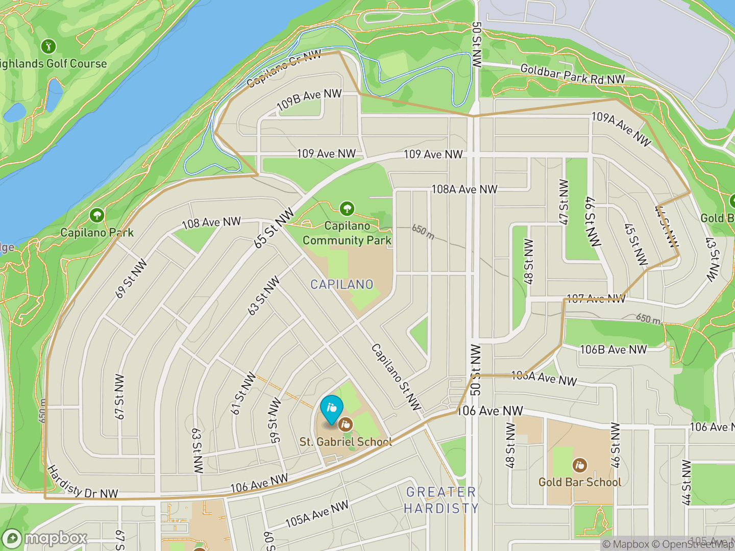 Map of Capilano, Edmonton — neighbourhood boundary, 1 school, parks and surrounding streets.