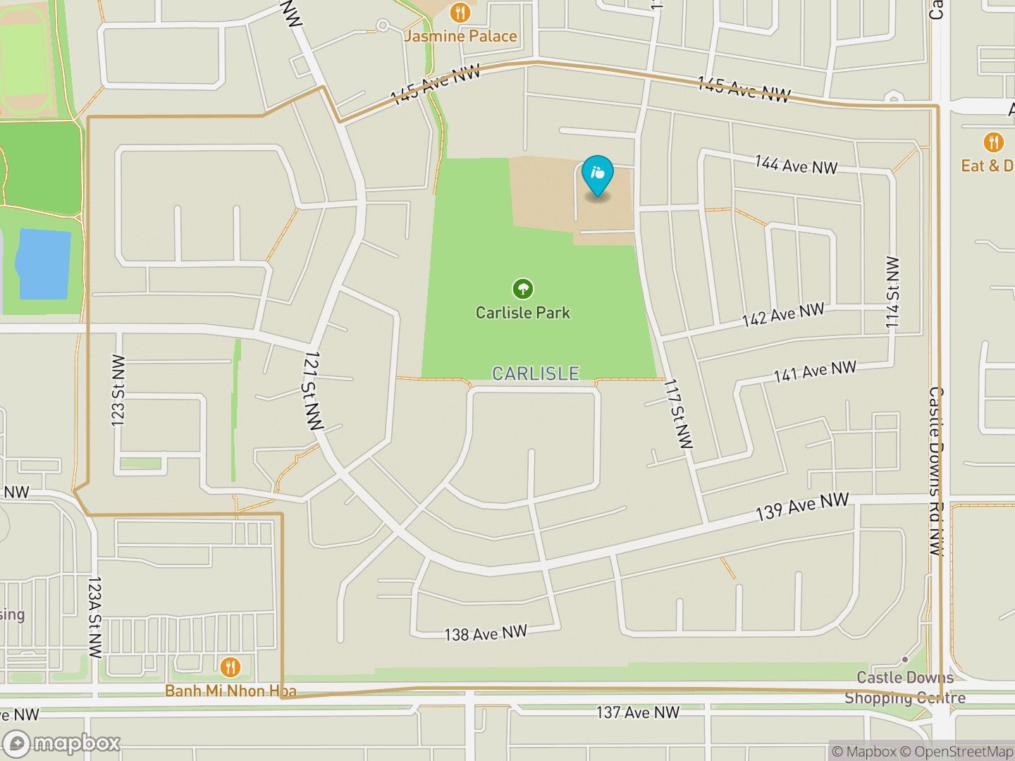 Map of Carlisle, Edmonton — neighbourhood boundary, 1 school, parks and surrounding streets.