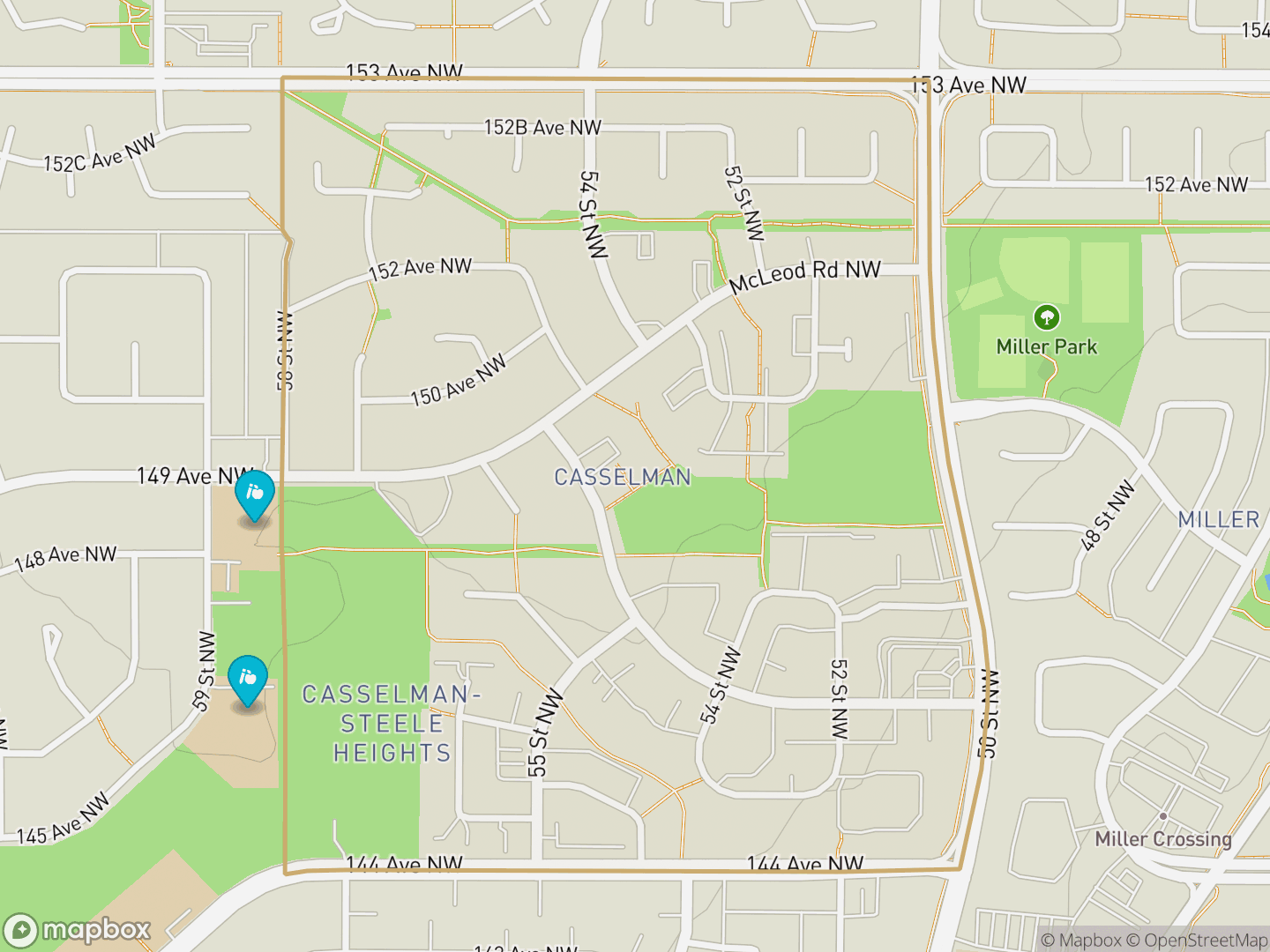 Map of Casselman, Edmonton — neighbourhood boundary, 2 schools, parks and surrounding streets.