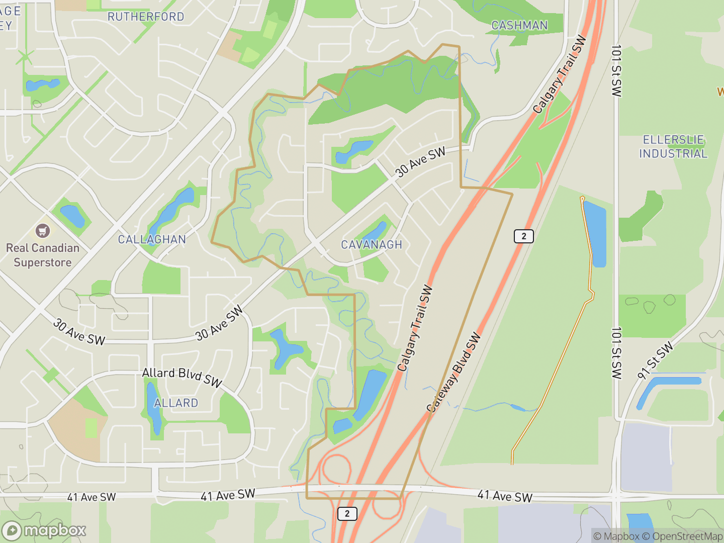 Map of Cavanagh, Edmonton — neighbourhood boundary, parks and surrounding streets.