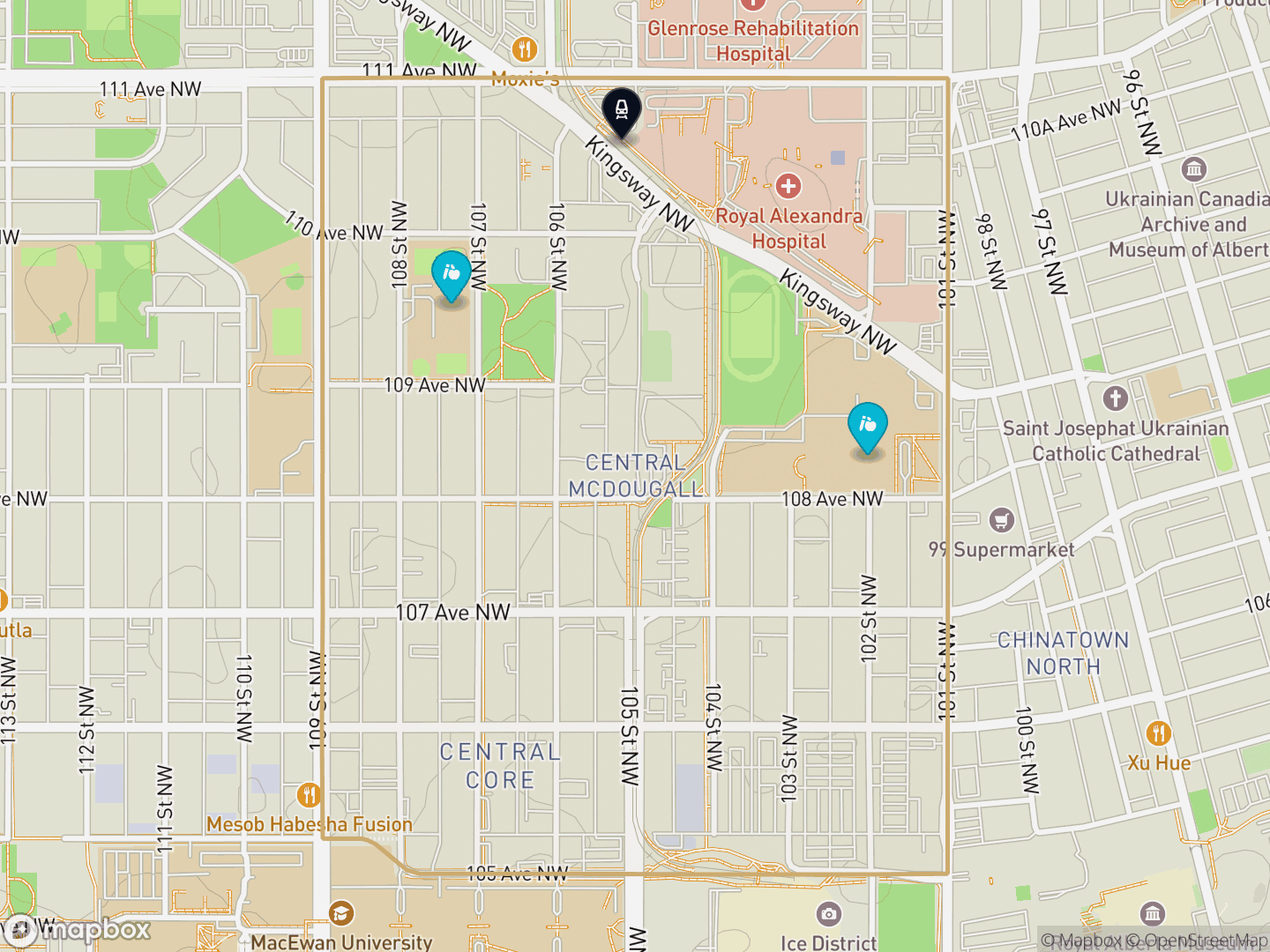 Map of Central McDougall, Edmonton — neighbourhood boundary with 1 LRT station, 2 schools, parks and surrounding streets.