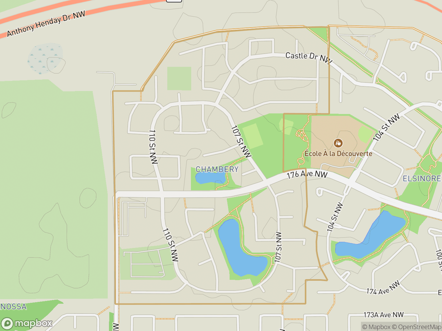 Map of Chambery, Edmonton — neighbourhood boundary, parks and surrounding streets.