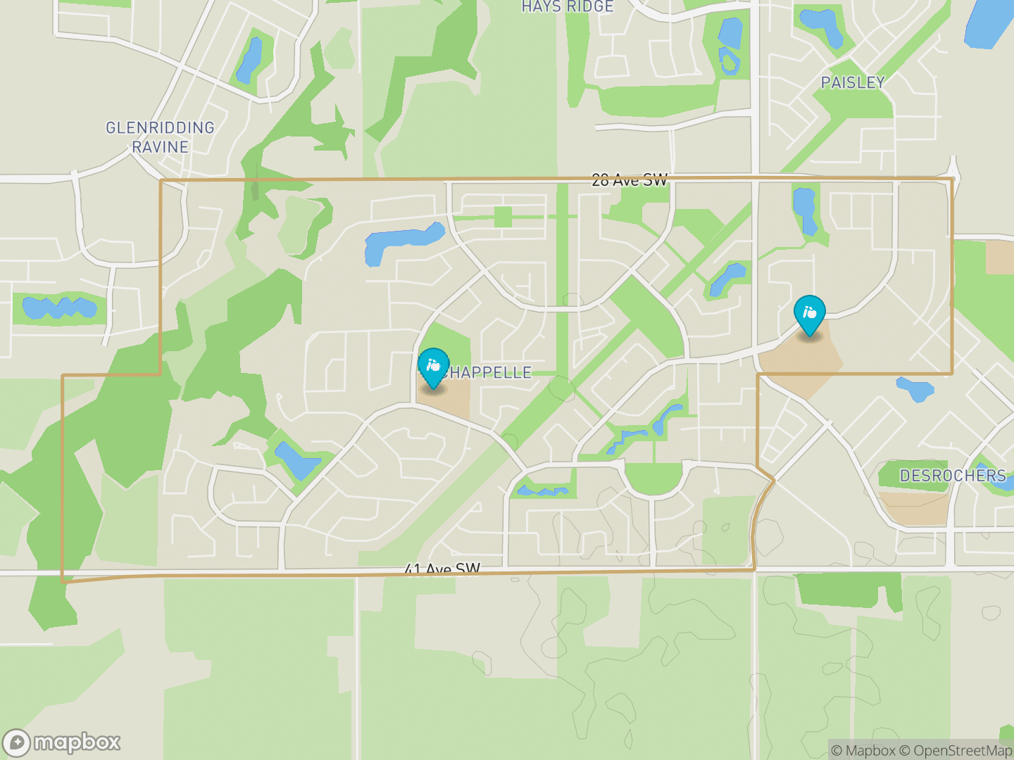 Map of Chappelle, Edmonton — neighbourhood boundary, 2 schools, parks and surrounding streets.