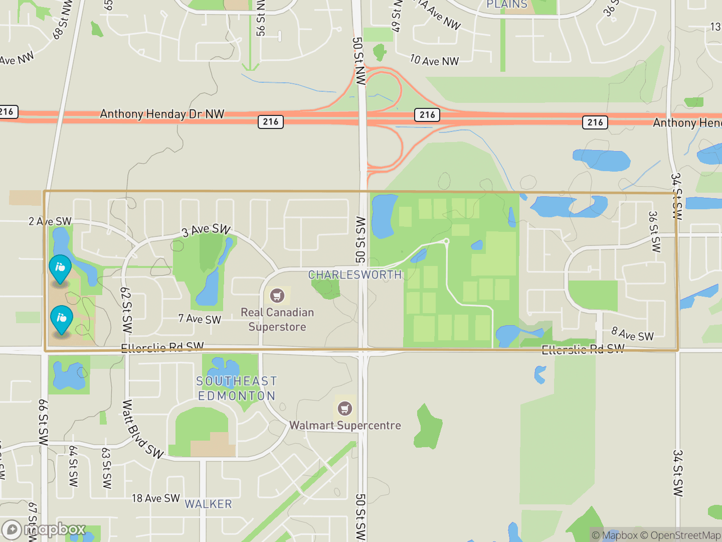 Map of Charlesworth, Edmonton — neighbourhood boundary, 2 schools, parks and surrounding streets.