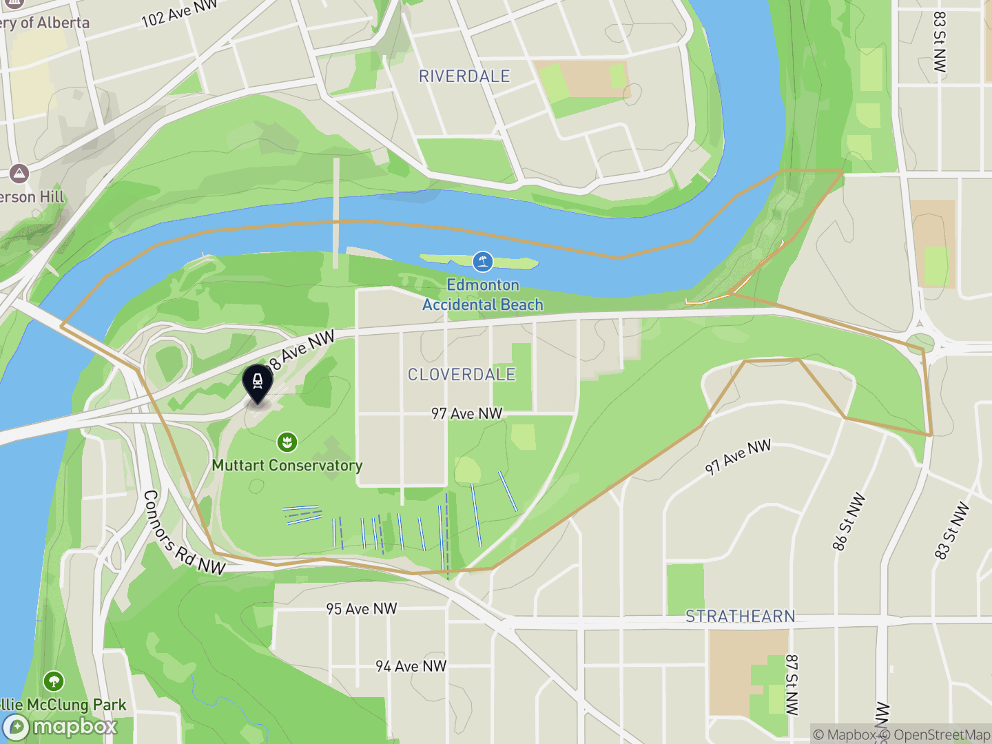 Map of Cloverdale, Edmonton — neighbourhood boundary with 1 LRT station, parks and surrounding streets.