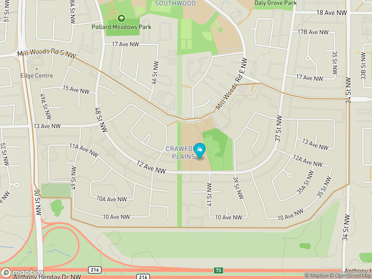Map of Crawford Plains, Edmonton — neighbourhood boundary, 1 school, parks and surrounding streets.