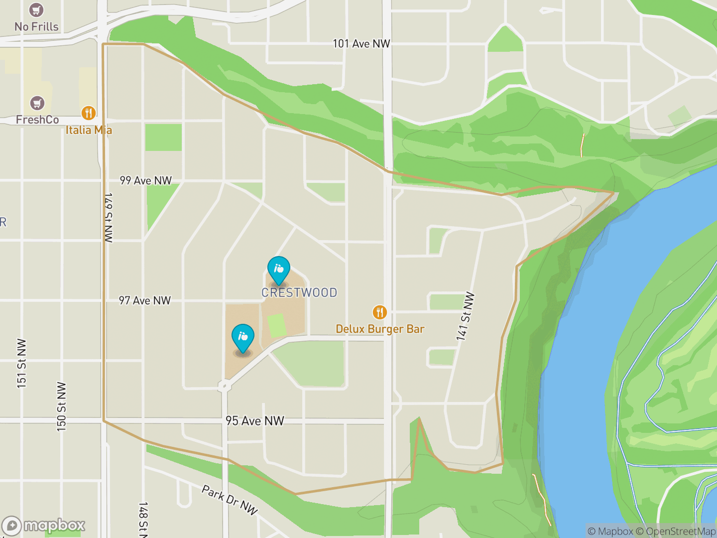 Map of Crestwood, Edmonton — neighbourhood boundary, 2 schools, parks and surrounding streets.