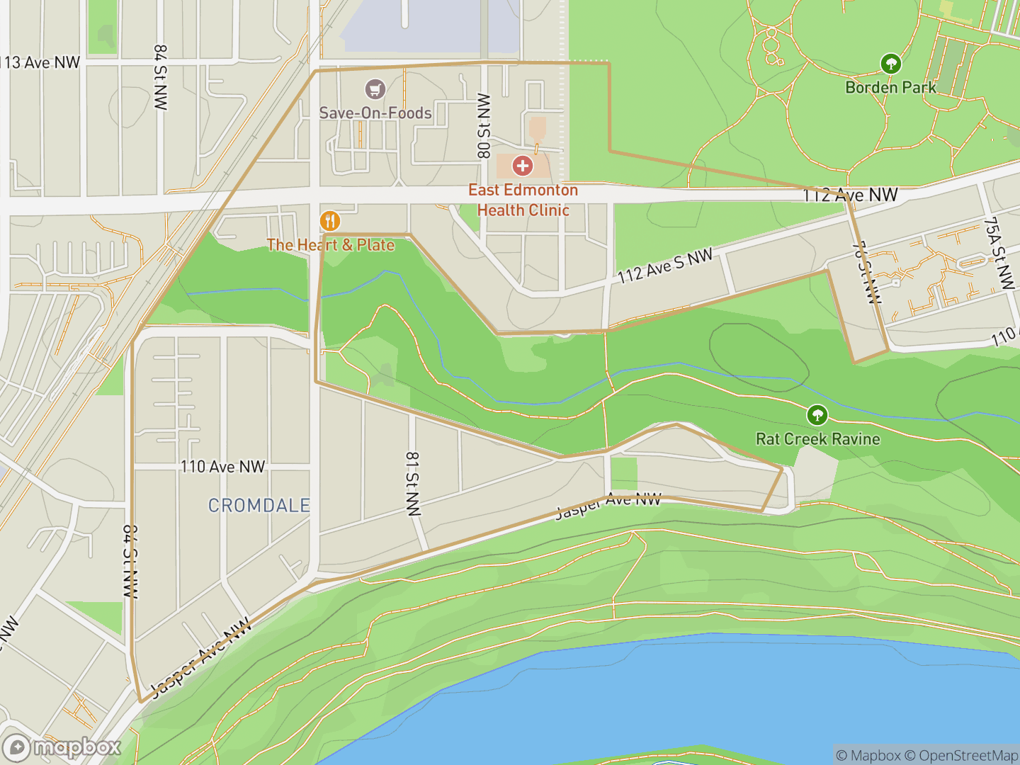 Map of Cromdale, Edmonton — neighbourhood boundary, parks and surrounding streets.