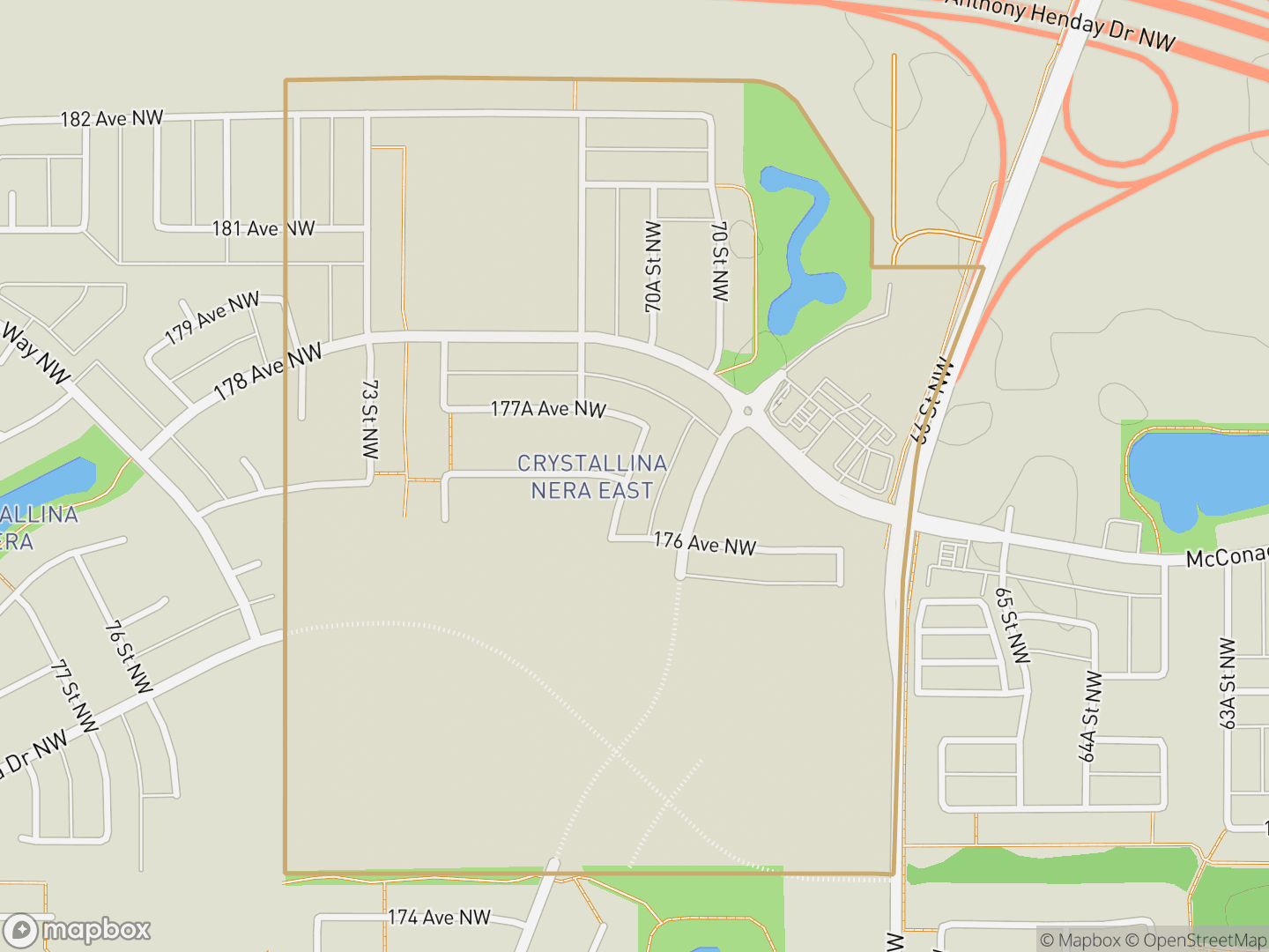 Map of Crystallina Nera East, Edmonton — neighbourhood boundary, parks and surrounding streets.