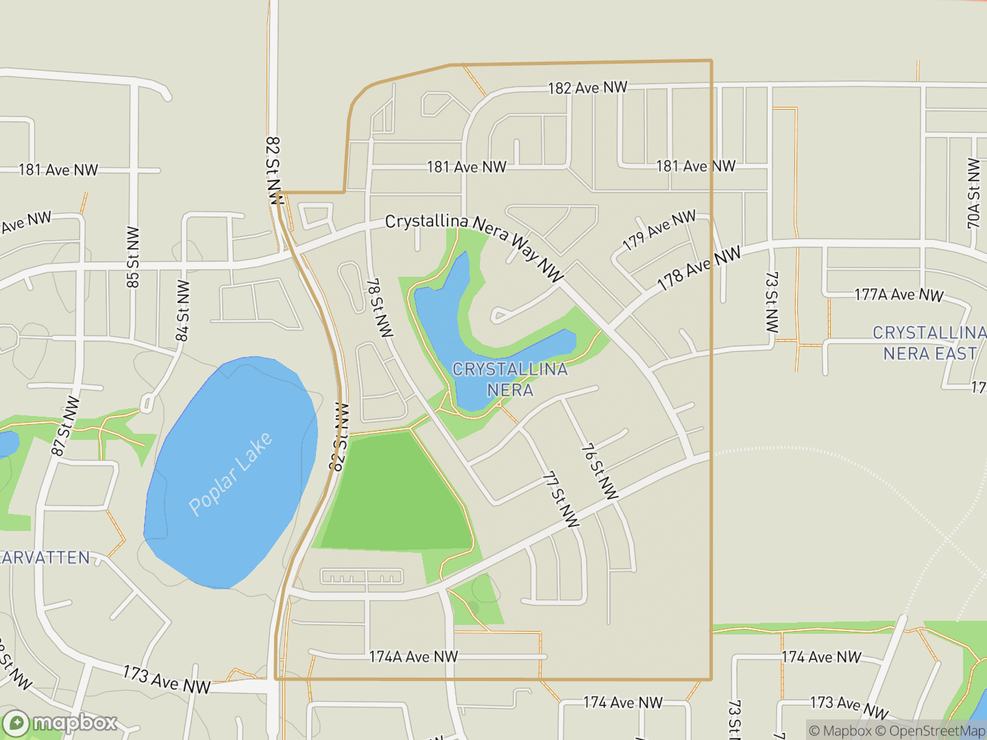 Map of Crystallina Nera West, Edmonton — neighbourhood boundary, parks and surrounding streets.