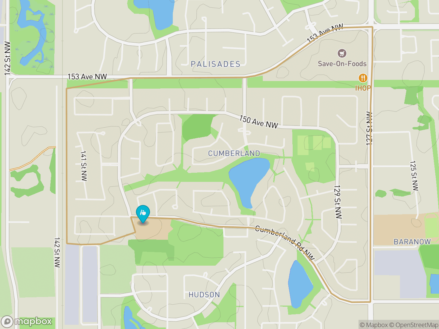 Map of Cumberland, Edmonton — neighbourhood boundary, 1 school, parks and surrounding streets.