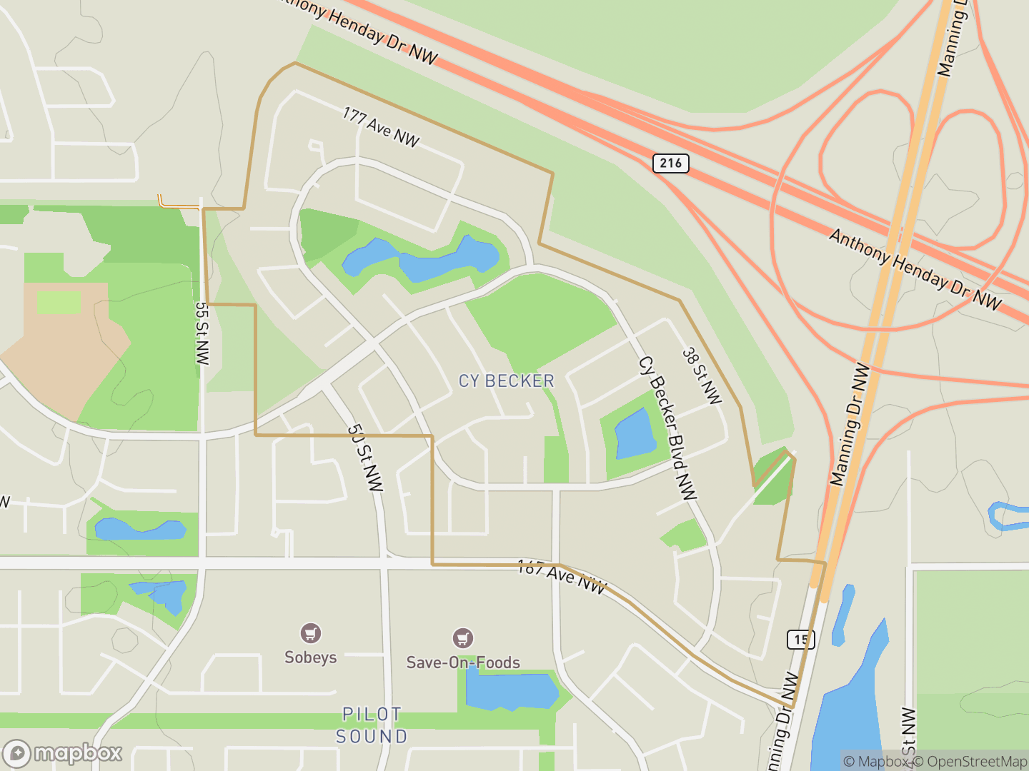 Map of Cy Becker, Edmonton — neighbourhood boundary, parks and surrounding streets.