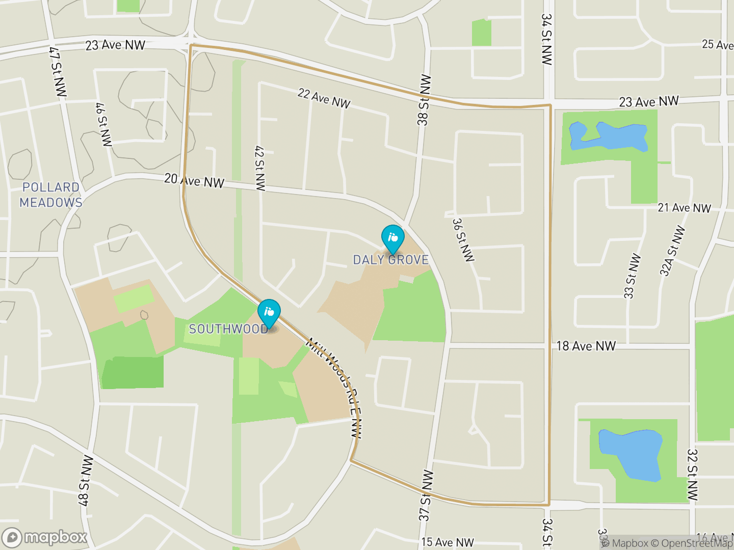 Map of Daly Grove, Edmonton — neighbourhood boundary, 2 schools, parks and surrounding streets.
