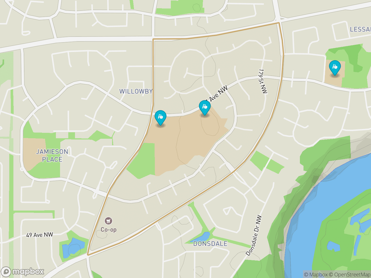 Map of Dechene, Edmonton — neighbourhood boundary, 3 schools, parks and surrounding streets.