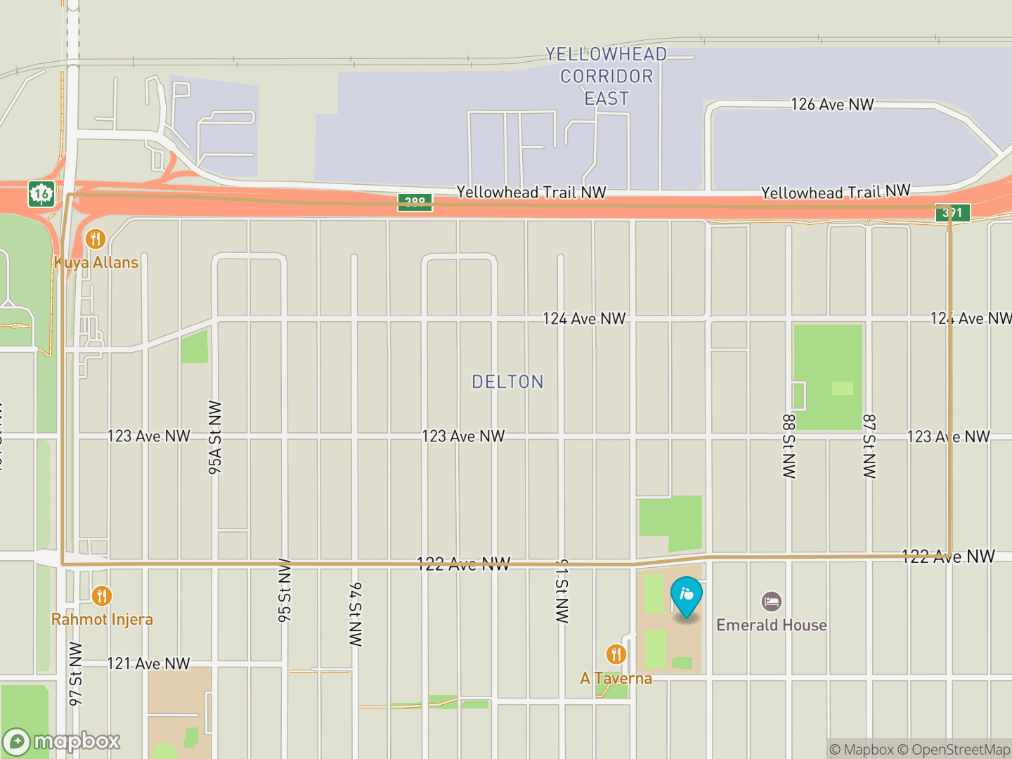 Map of Delton, Edmonton — neighbourhood boundary, 1 school, parks and surrounding streets.