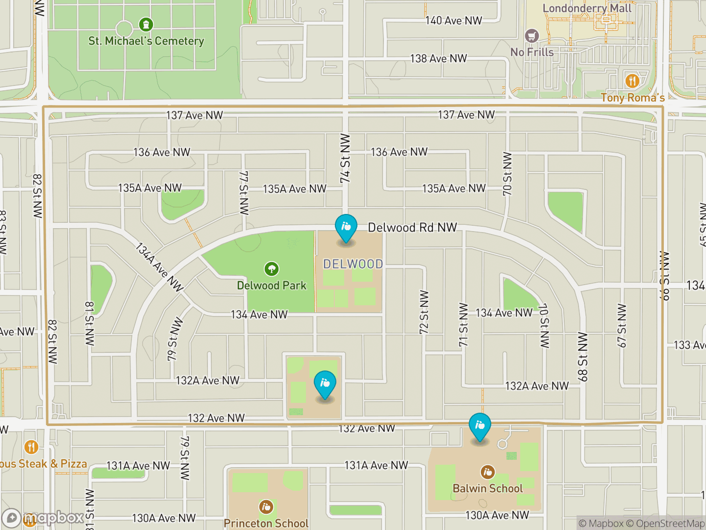 Map of Delwood, Edmonton — neighbourhood boundary, 3 schools, parks and surrounding streets.