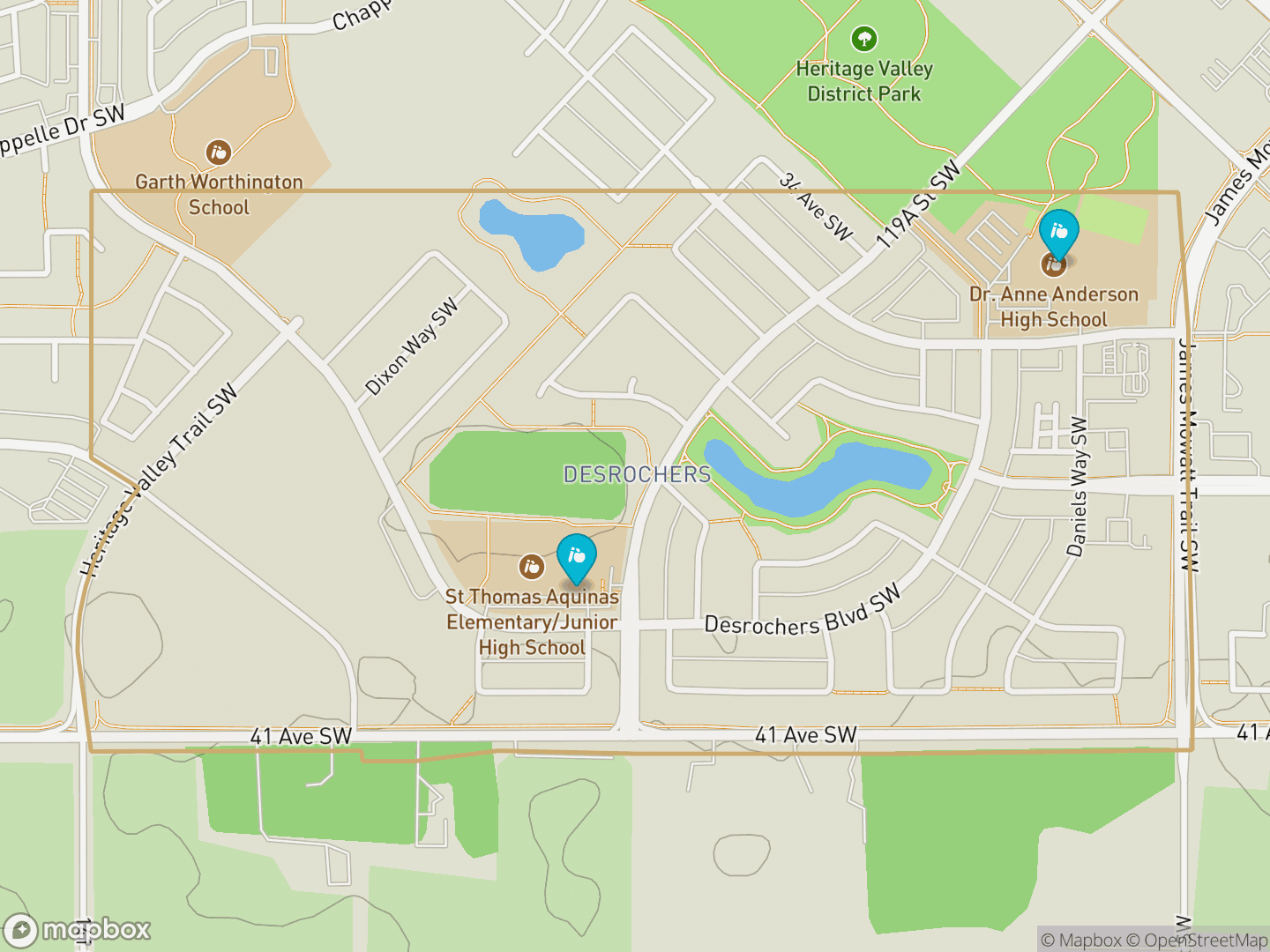 Map of Desrochers Area, Edmonton — neighbourhood boundary, 2 schools, parks and surrounding streets.