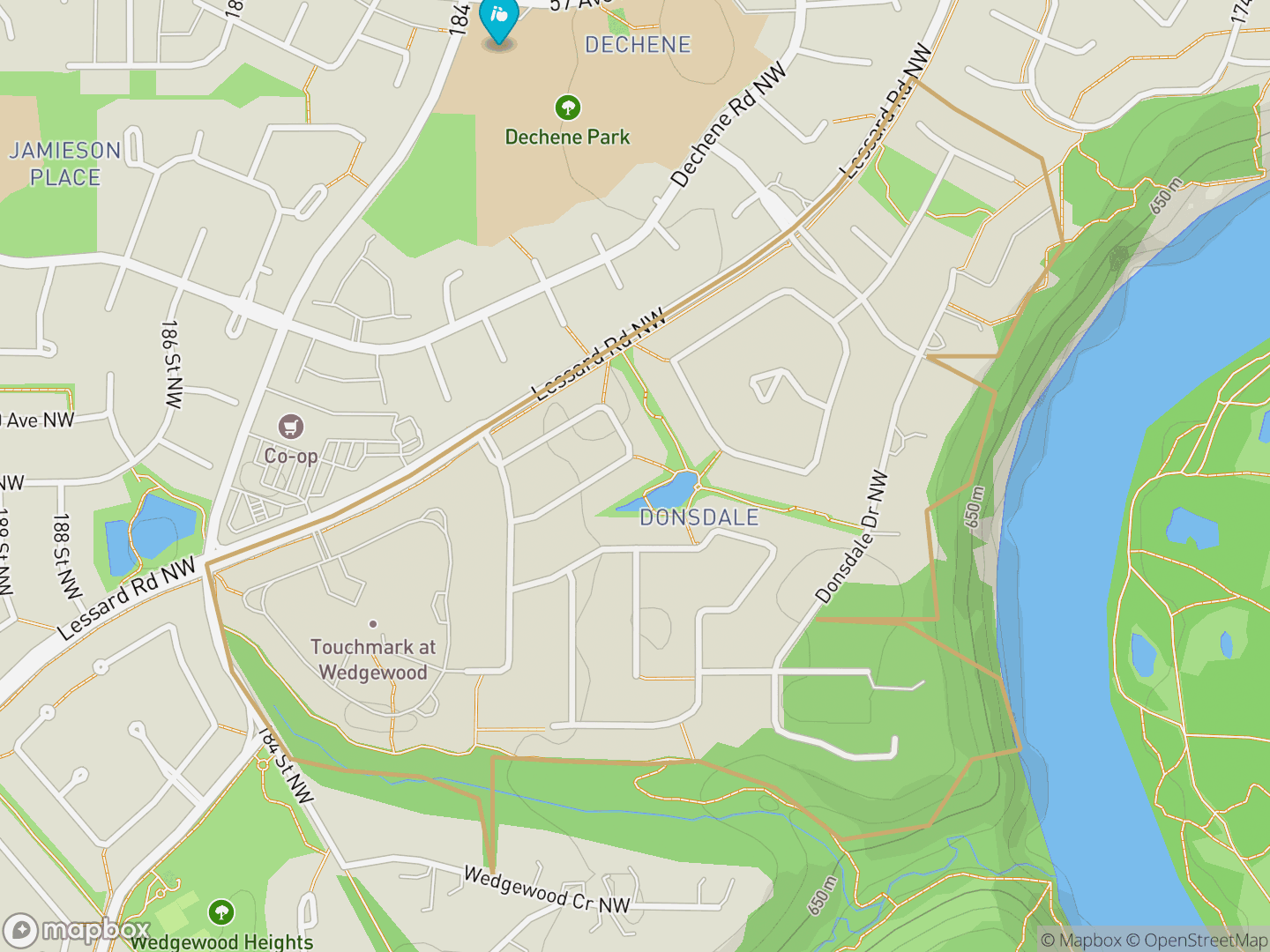 Map of Donsdale, Edmonton — neighbourhood boundary, 1 school, parks and surrounding streets.