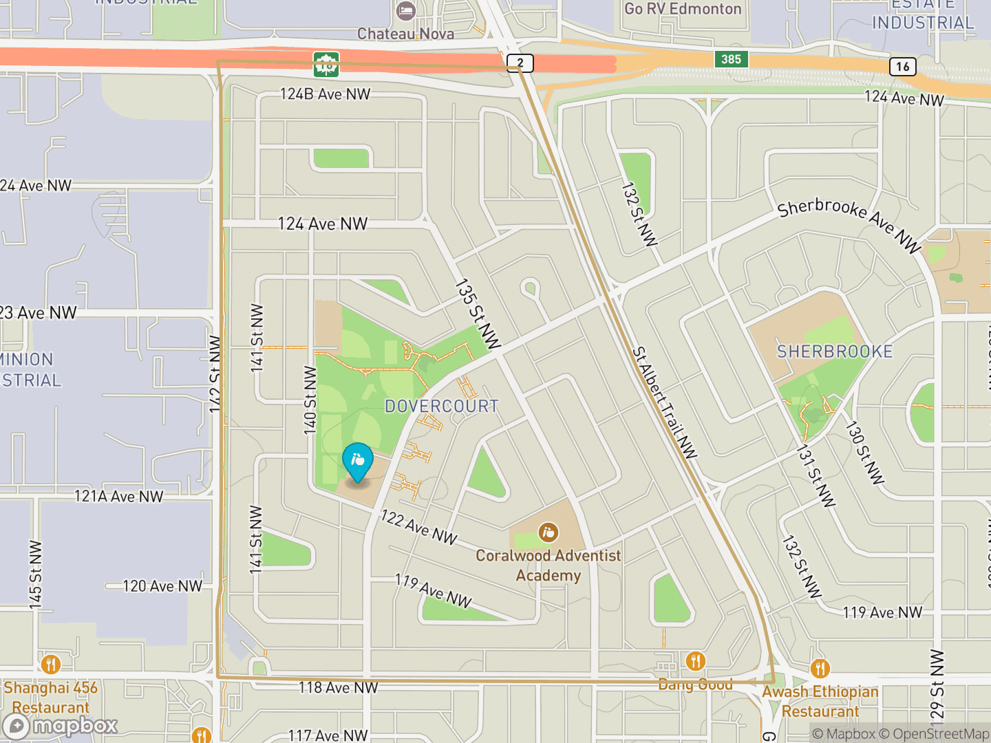 Map of Dovercourt, Edmonton — neighbourhood boundary, 1 school, parks and surrounding streets.