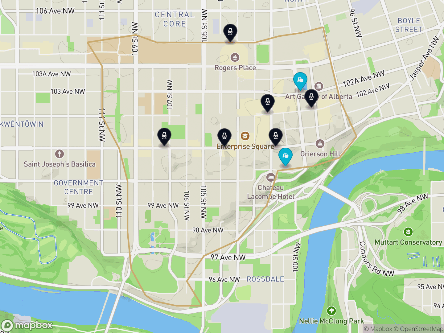Map of Downtown, Edmonton — neighbourhood boundary with 6 LRT stations, 2 schools, parks and surrounding streets.