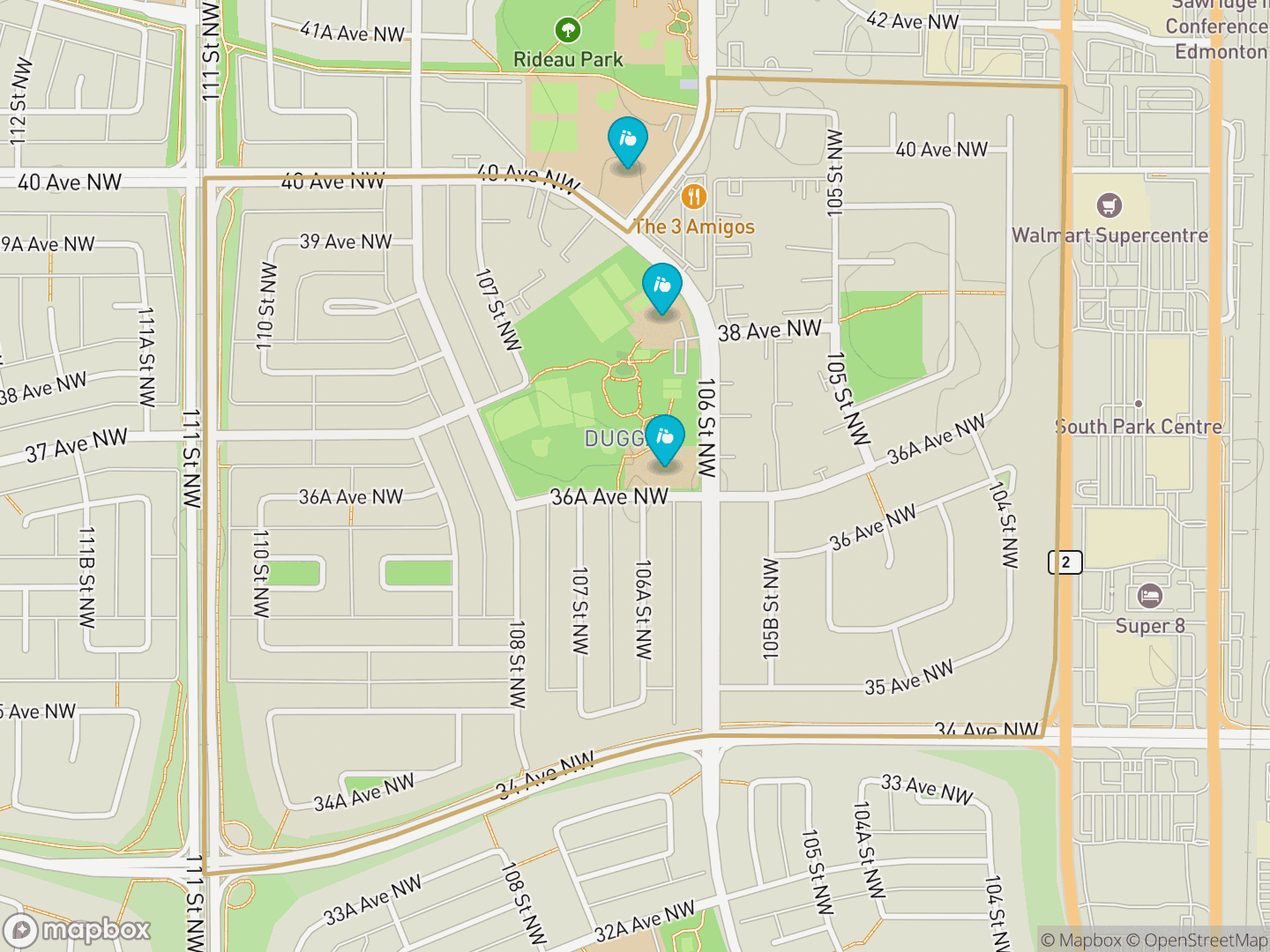 Map of Duggan, Edmonton — neighbourhood boundary, 3 schools, parks and surrounding streets.