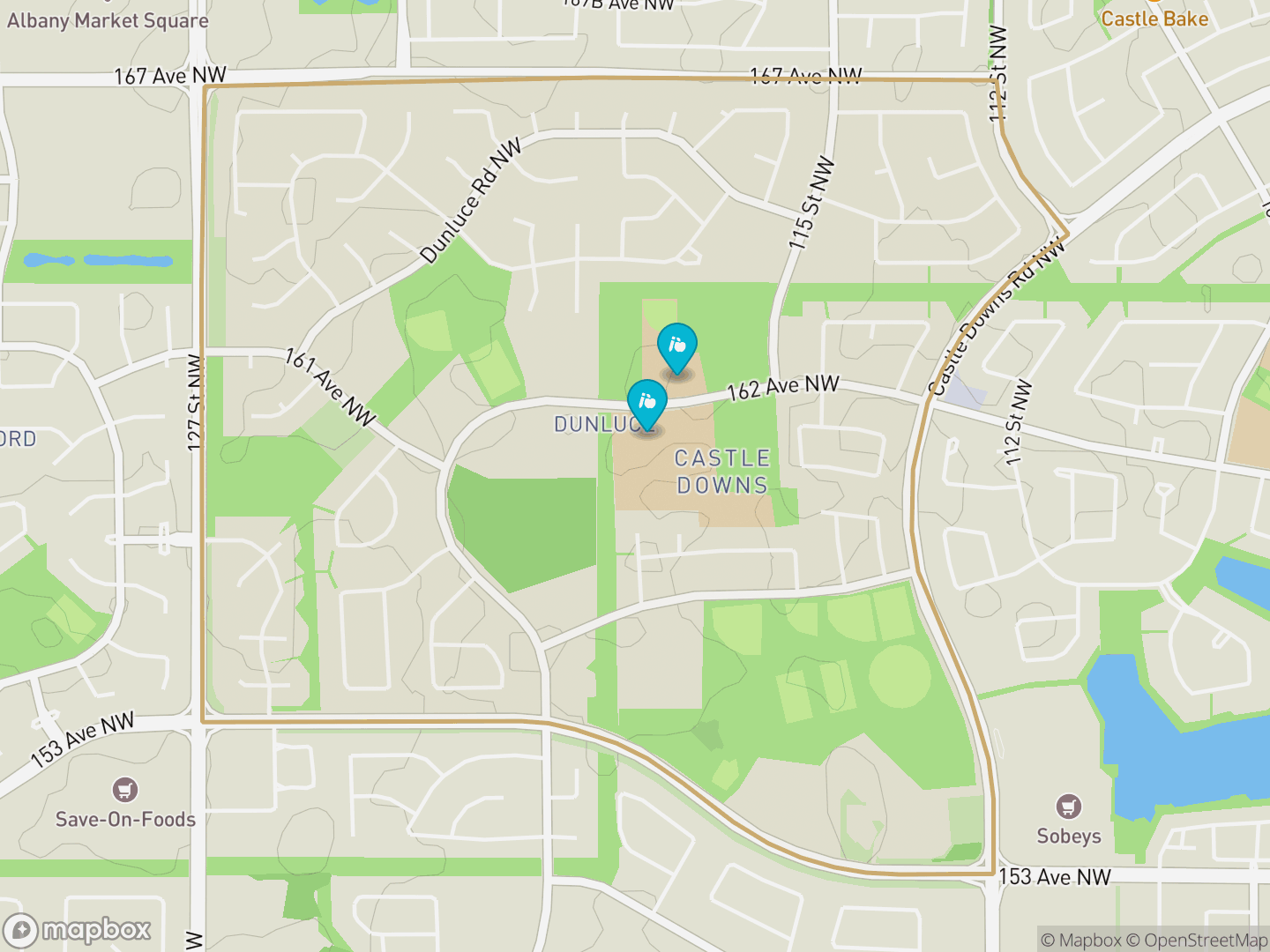 Map of Dunluce, Edmonton — neighbourhood boundary, 2 schools, parks and surrounding streets.