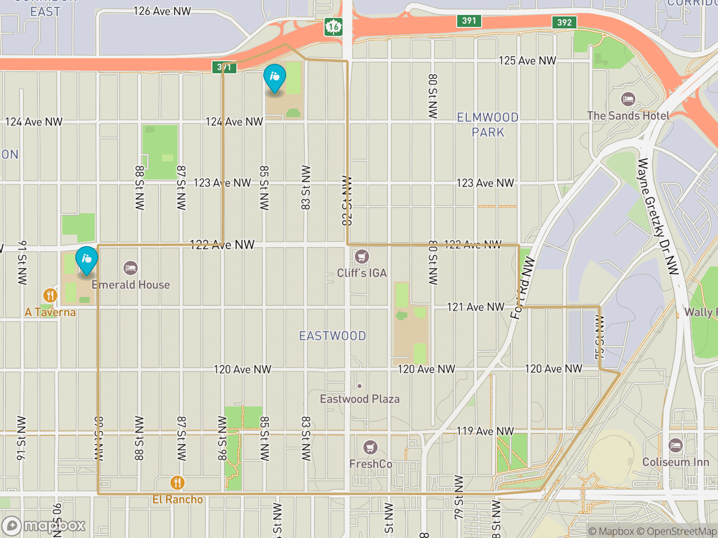 Map of Eastwood, Edmonton — neighbourhood boundary, 2 schools, parks and surrounding streets.