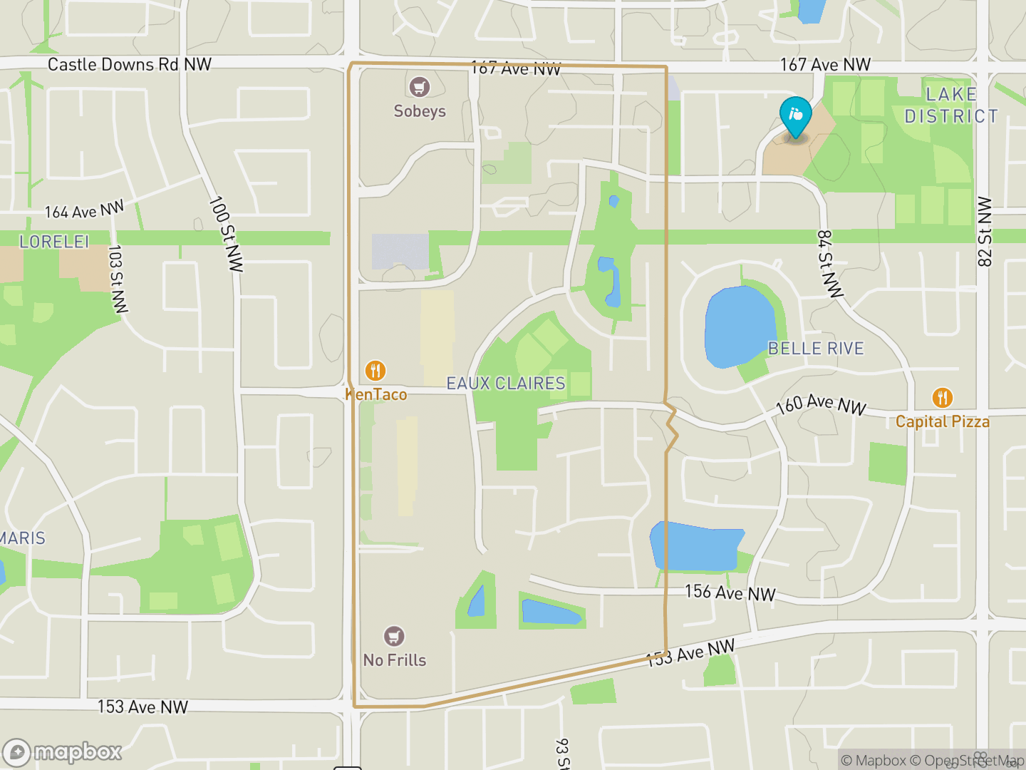Map of Eaux Claires, Edmonton — neighbourhood boundary, 1 school, parks and surrounding streets.