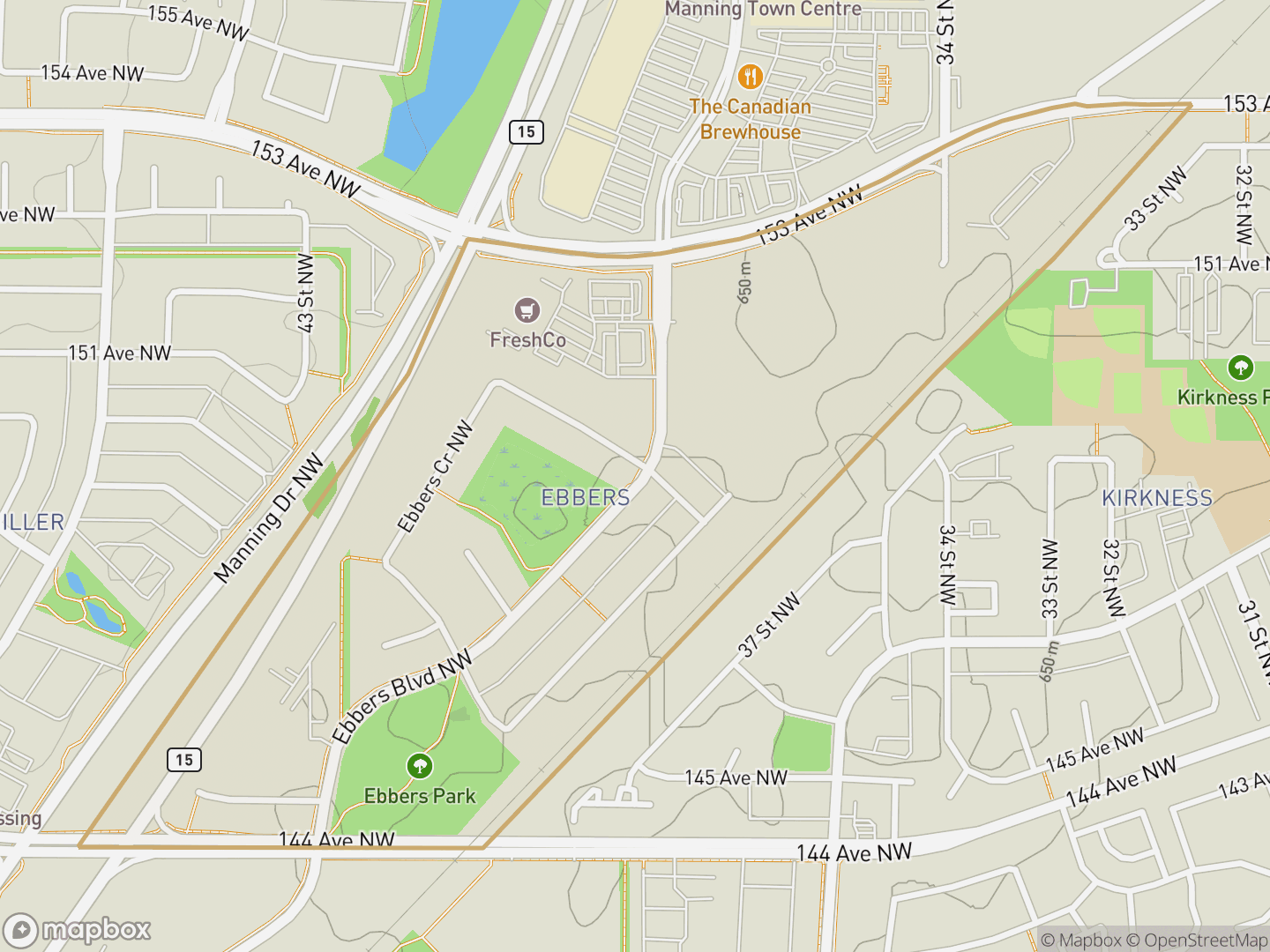 Map of Ebbers, Edmonton — neighbourhood boundary, parks and surrounding streets.