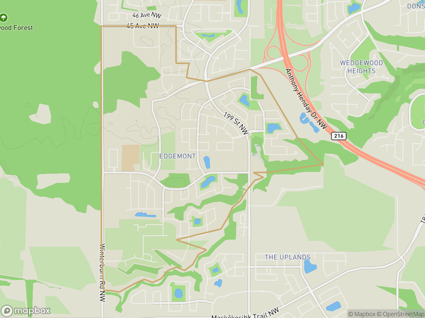 Map of Edgemont, Edmonton — neighbourhood boundary, parks and surrounding streets.