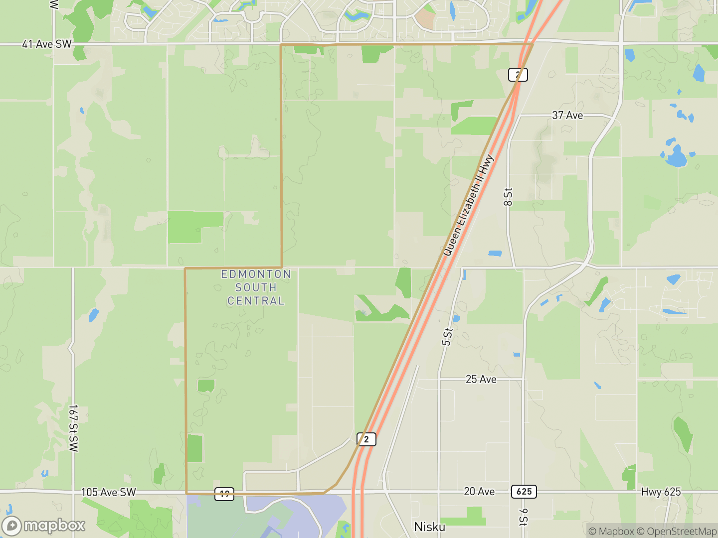 Map of Edmonton South Central, Edmonton — neighbourhood boundary, parks and surrounding streets.