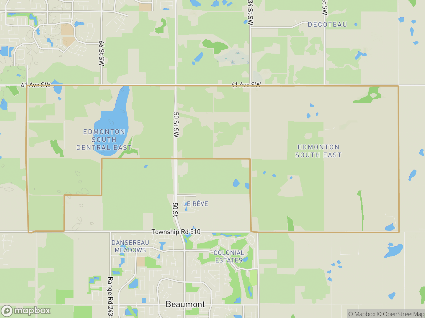 Map of Edmonton South East, Edmonton — neighbourhood boundary, parks and surrounding streets.