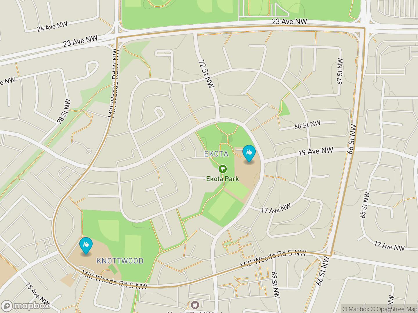 Map of Ekota, Edmonton — neighbourhood boundary, 2 schools, parks and surrounding streets.