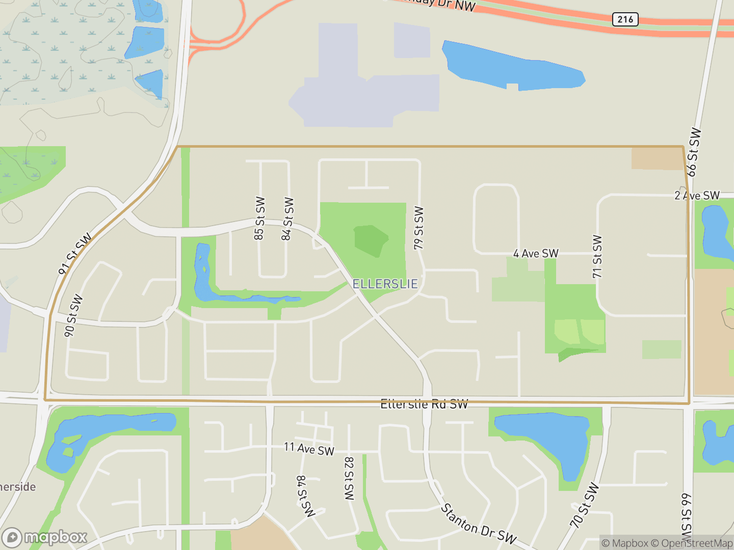 Map of Ellerslie, Edmonton — neighbourhood boundary, parks and surrounding streets.