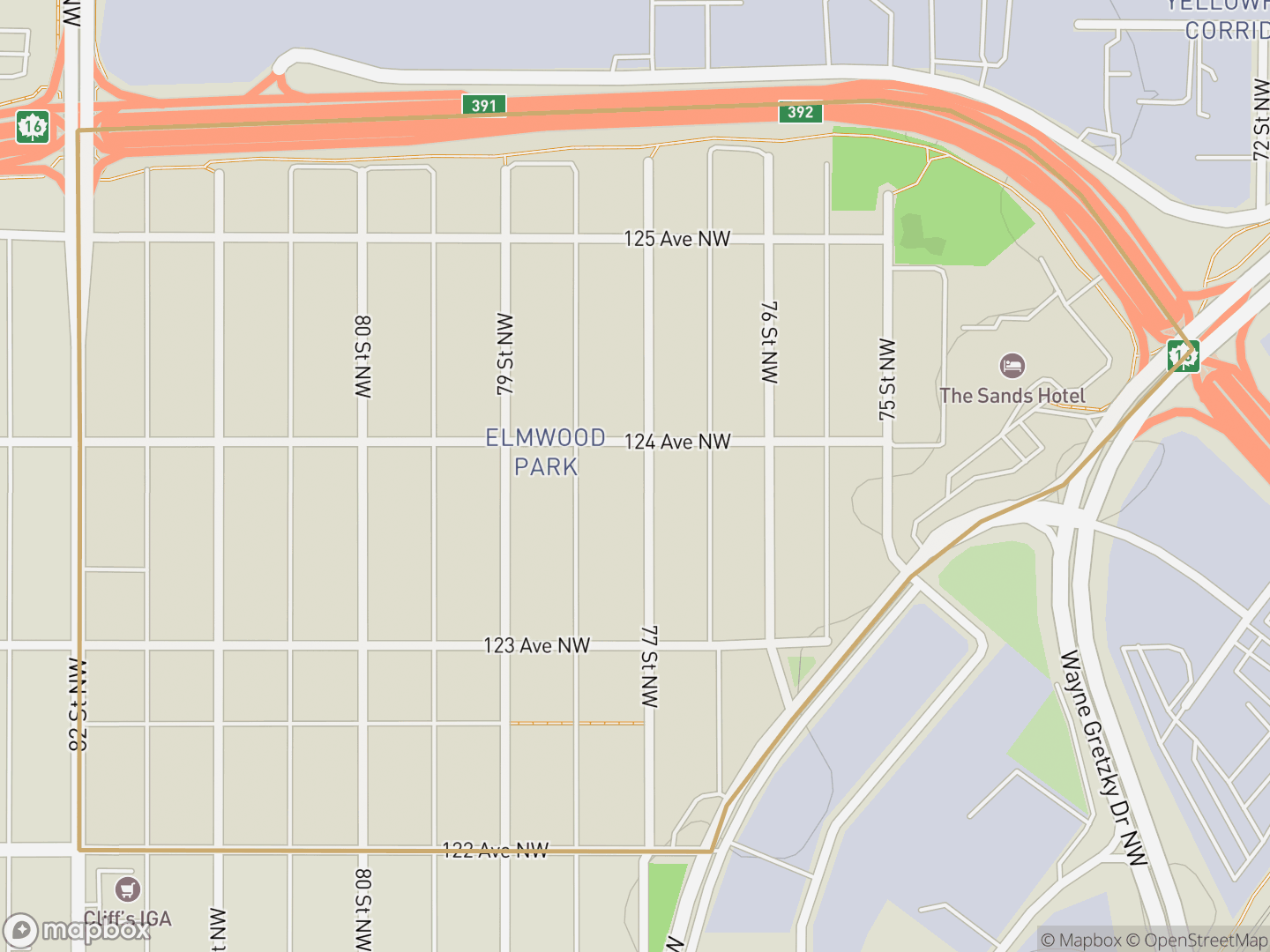 Map of Elmwood Park, Edmonton — neighbourhood boundary, parks and surrounding streets.
