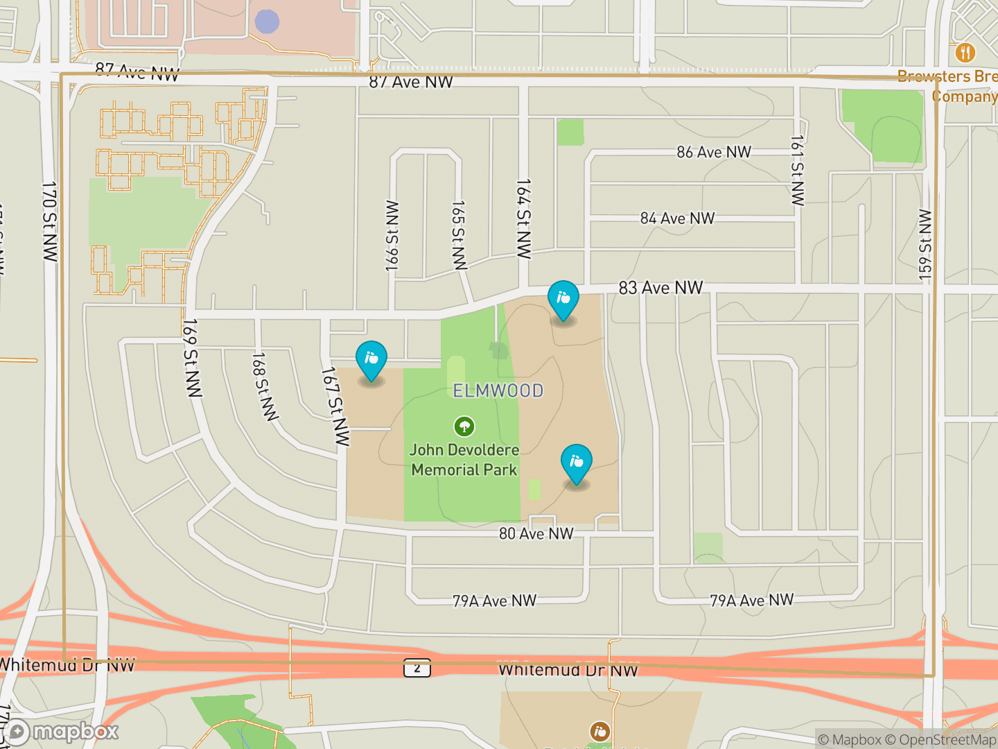 Map of Elmwood, Edmonton — neighbourhood boundary, 3 schools, parks and surrounding streets.