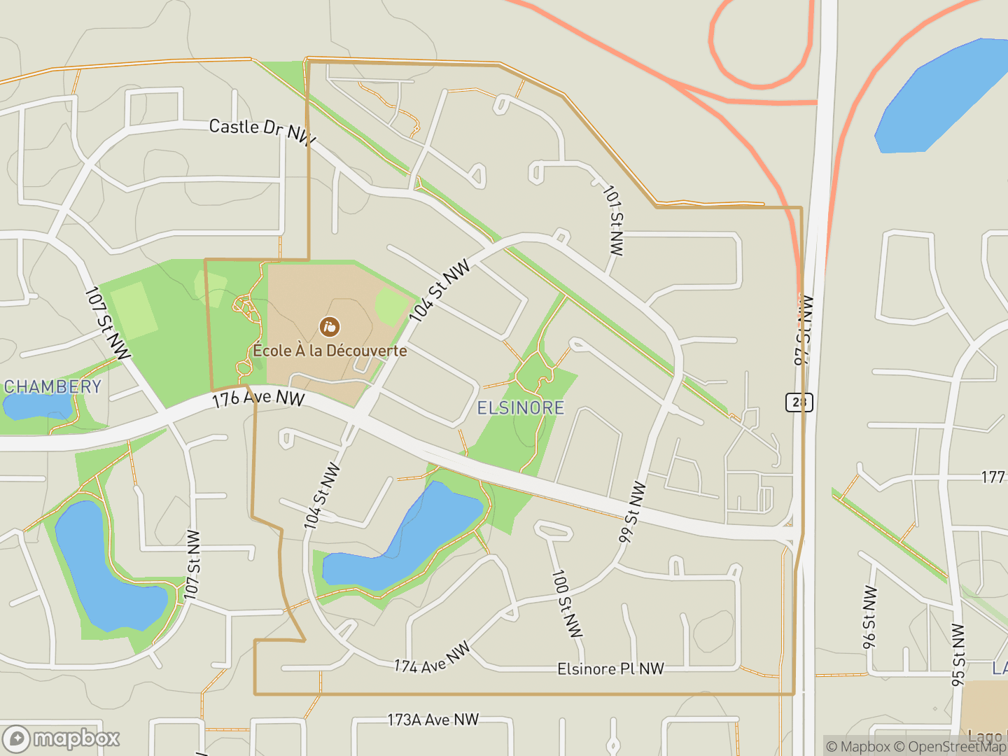 Map of Elsinore, Edmonton — neighbourhood boundary, parks and surrounding streets.