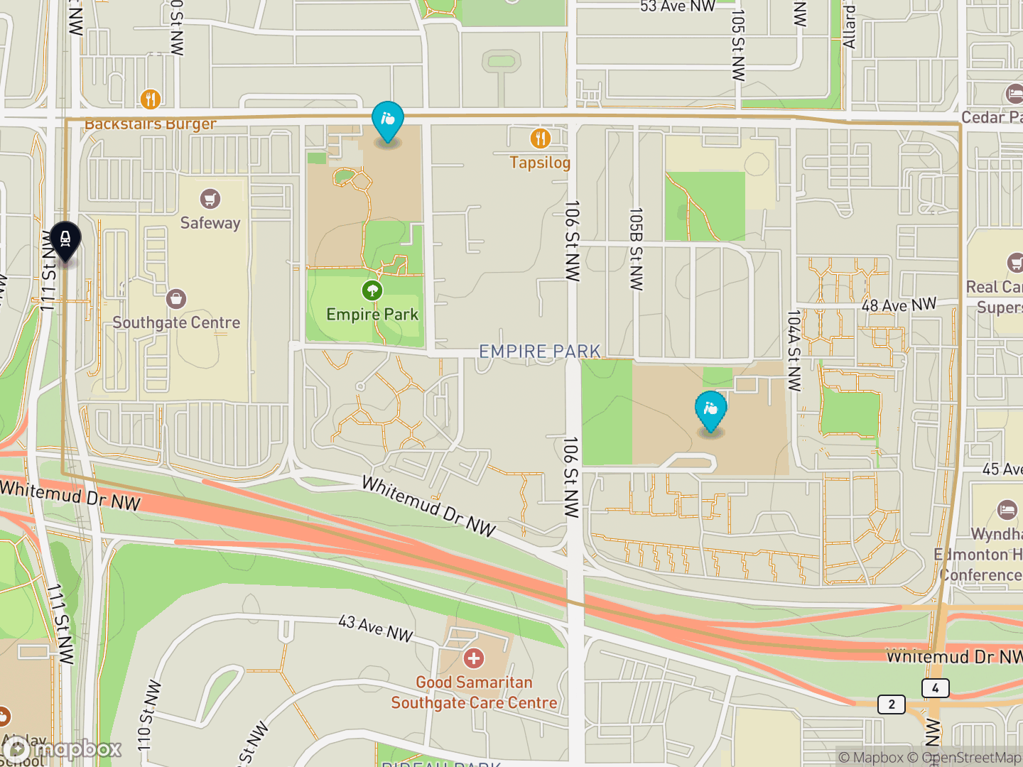 Map of Empire Park, Edmonton — neighbourhood boundary with 1 LRT station, 2 schools, parks and surrounding streets.