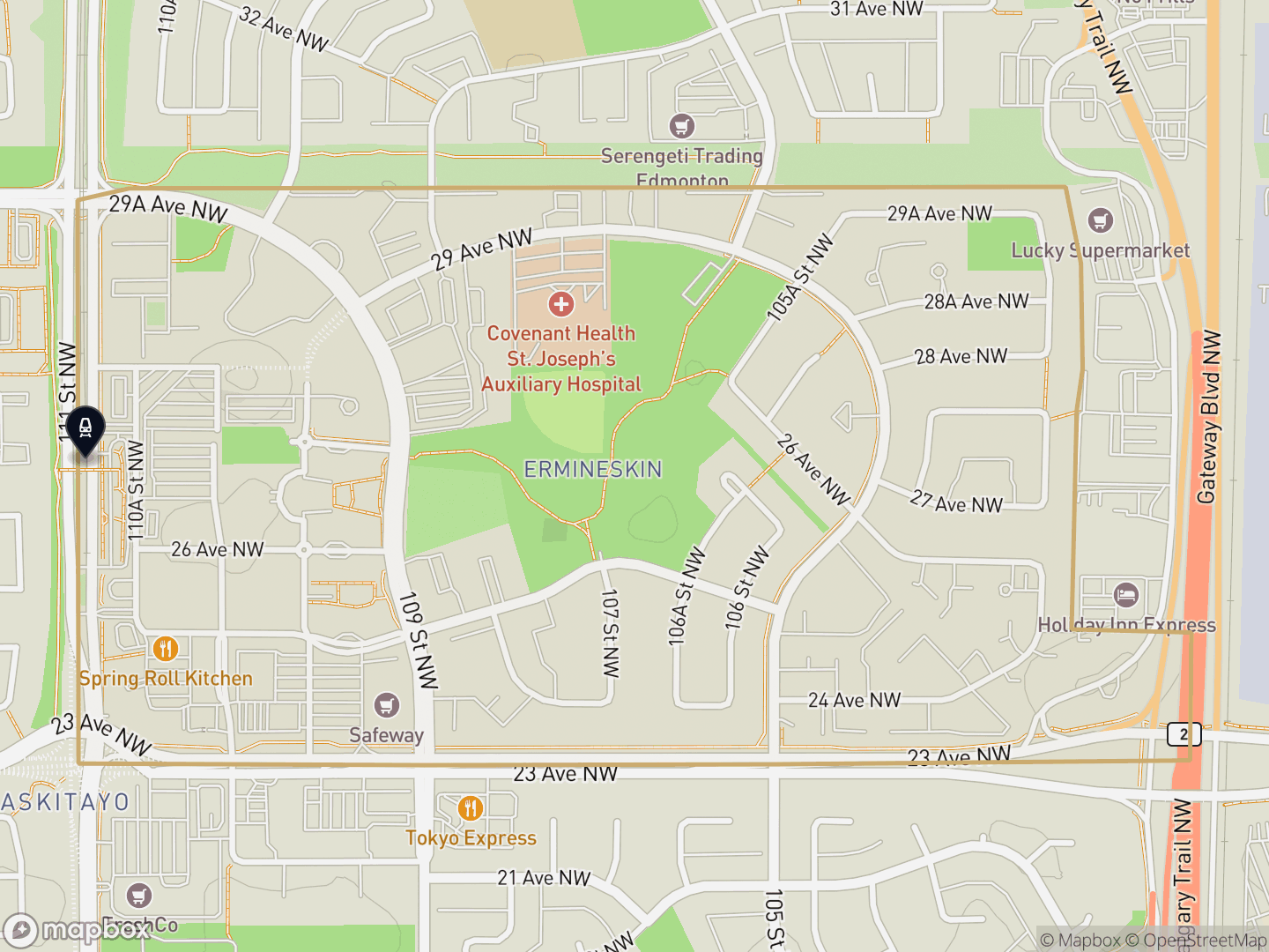 Map of Ermineskin, Edmonton — neighbourhood boundary with 1 LRT station, parks and surrounding streets.