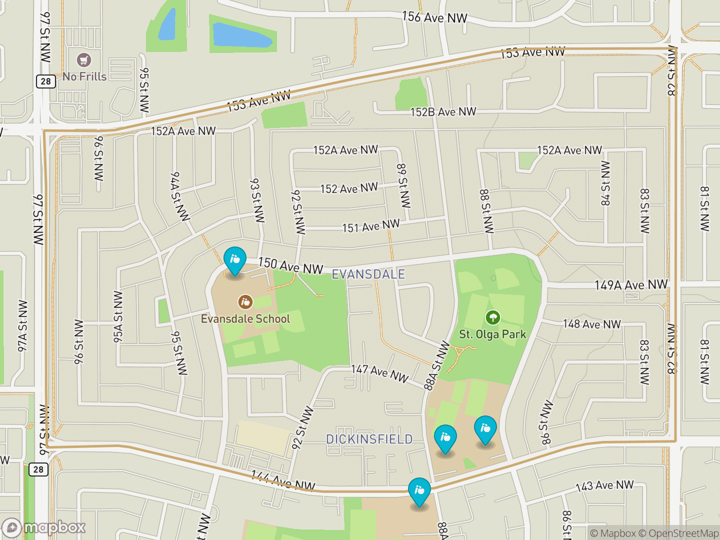Map of Evansdale, Edmonton — neighbourhood boundary, 4 schools, parks and surrounding streets.