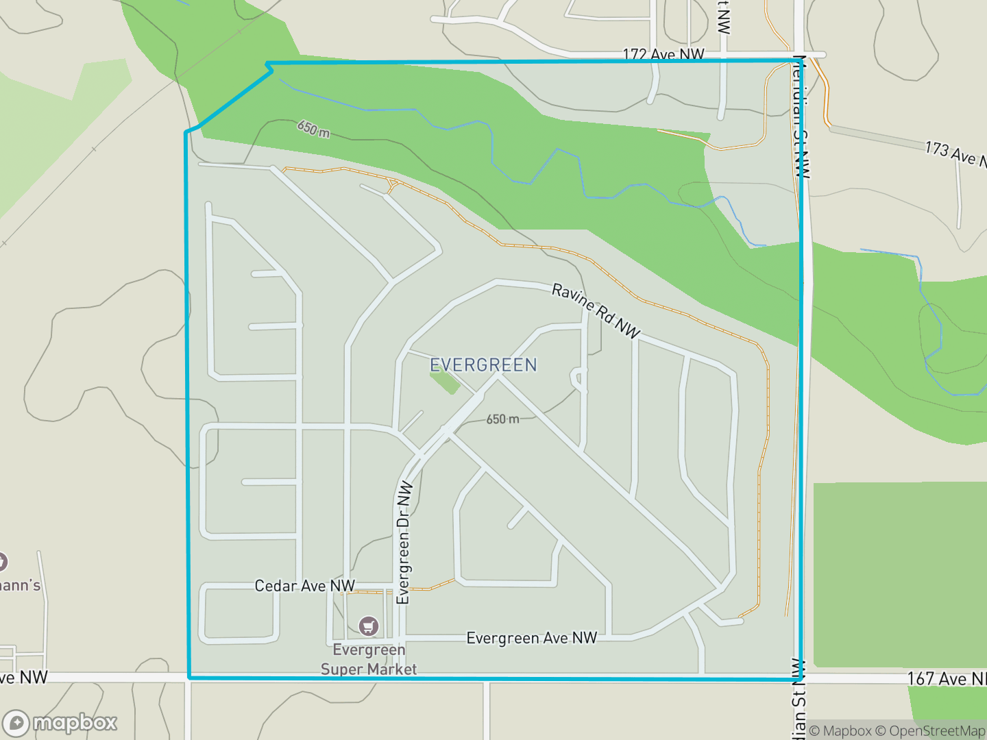 Map of Evergreen, Edmonton — neighbourhood boundary, parks and surrounding streets.