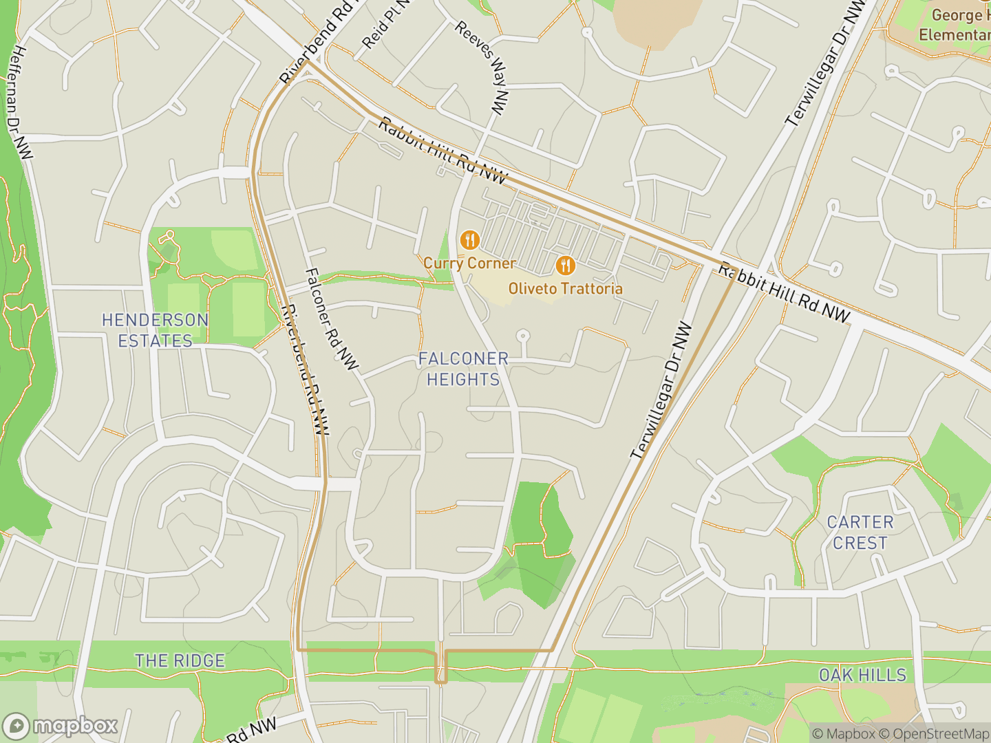Map of Falconer Heights, Edmonton — neighbourhood boundary, parks and surrounding streets.