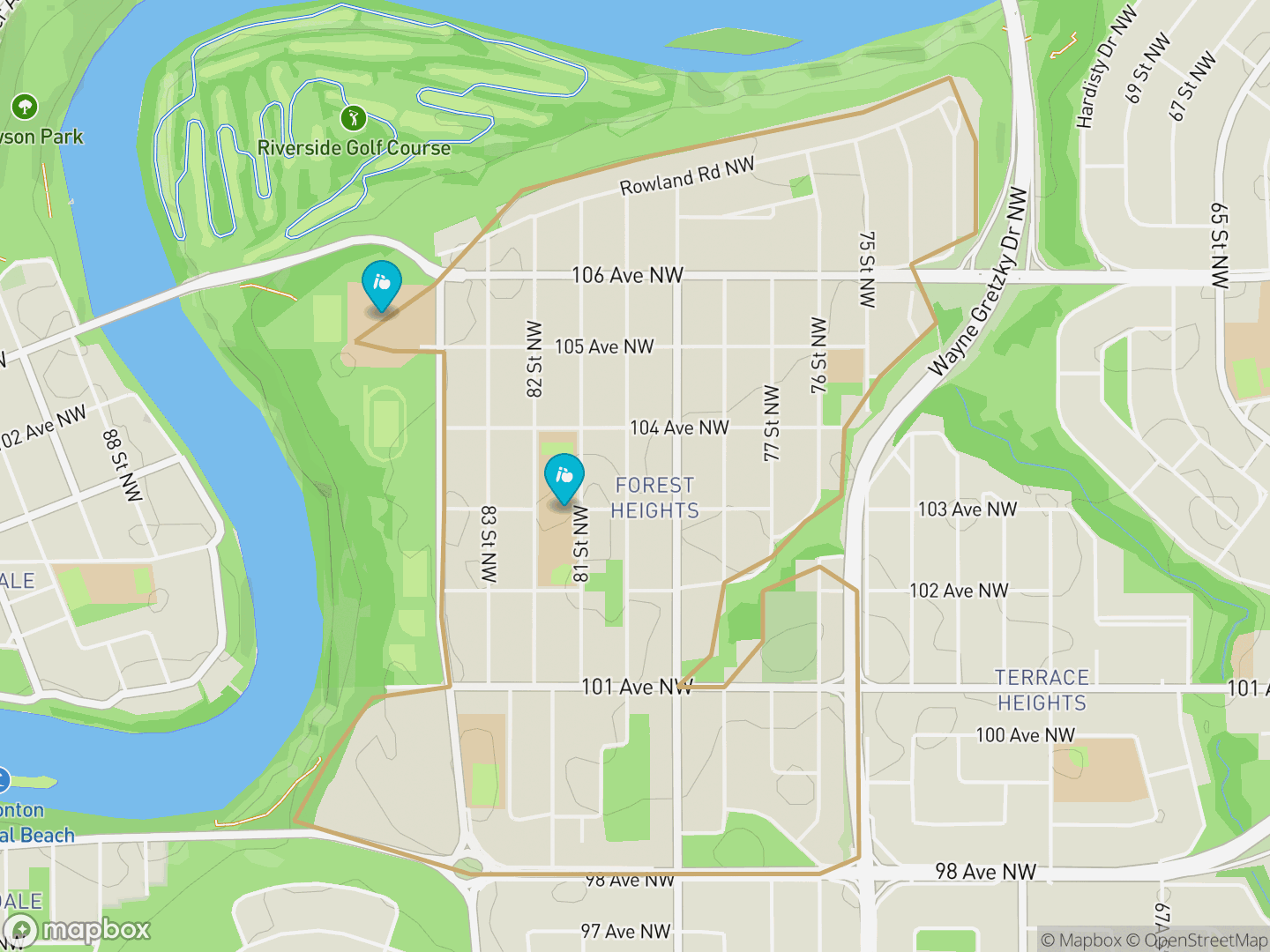 Map of Forest Heights, Edmonton — neighbourhood boundary, 2 schools, parks and surrounding streets.